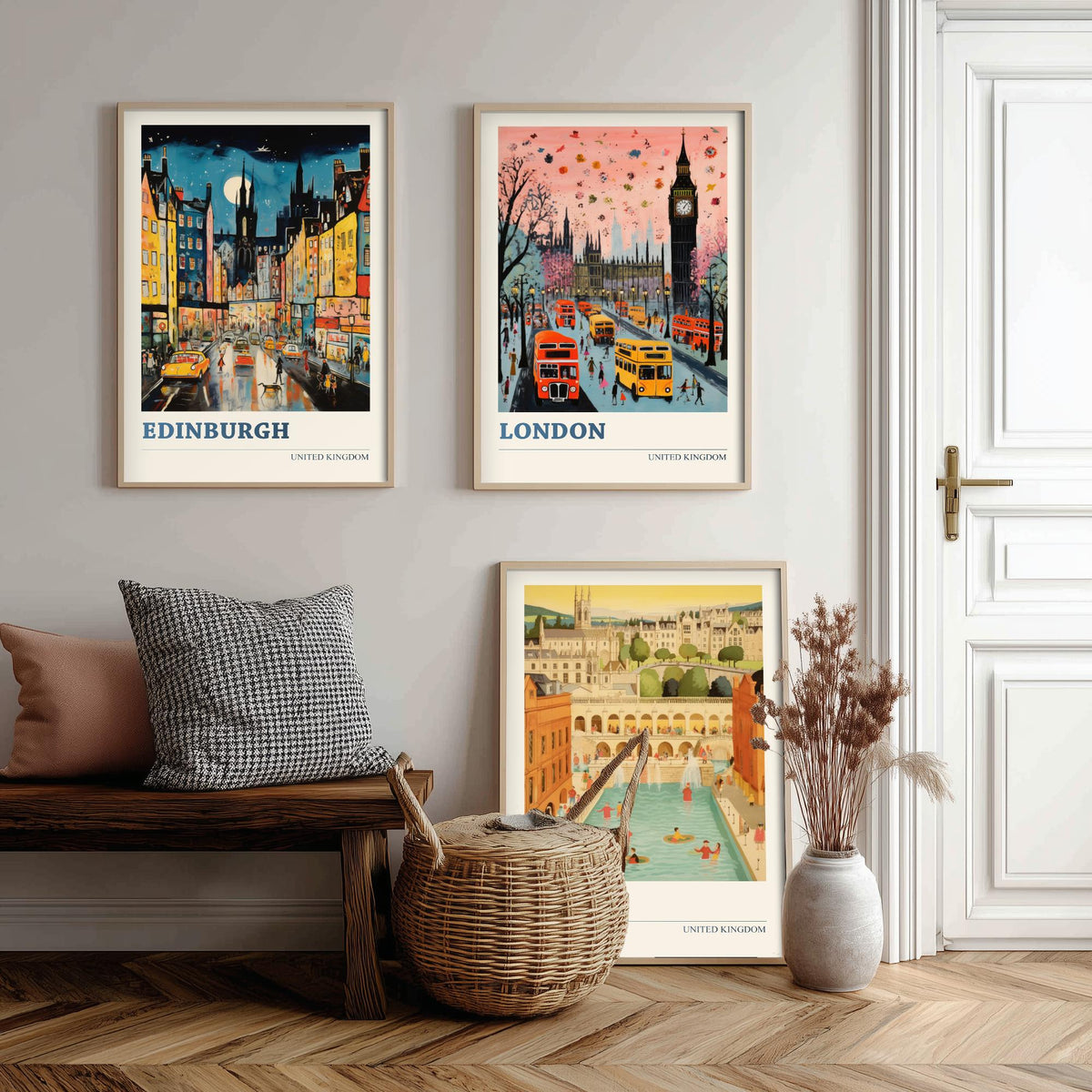 Edinburgh, London, Bath Set of Three Art Prints - United Kingdom Ludwig Modern Poster - Big Ben, Roman Baths Illustration