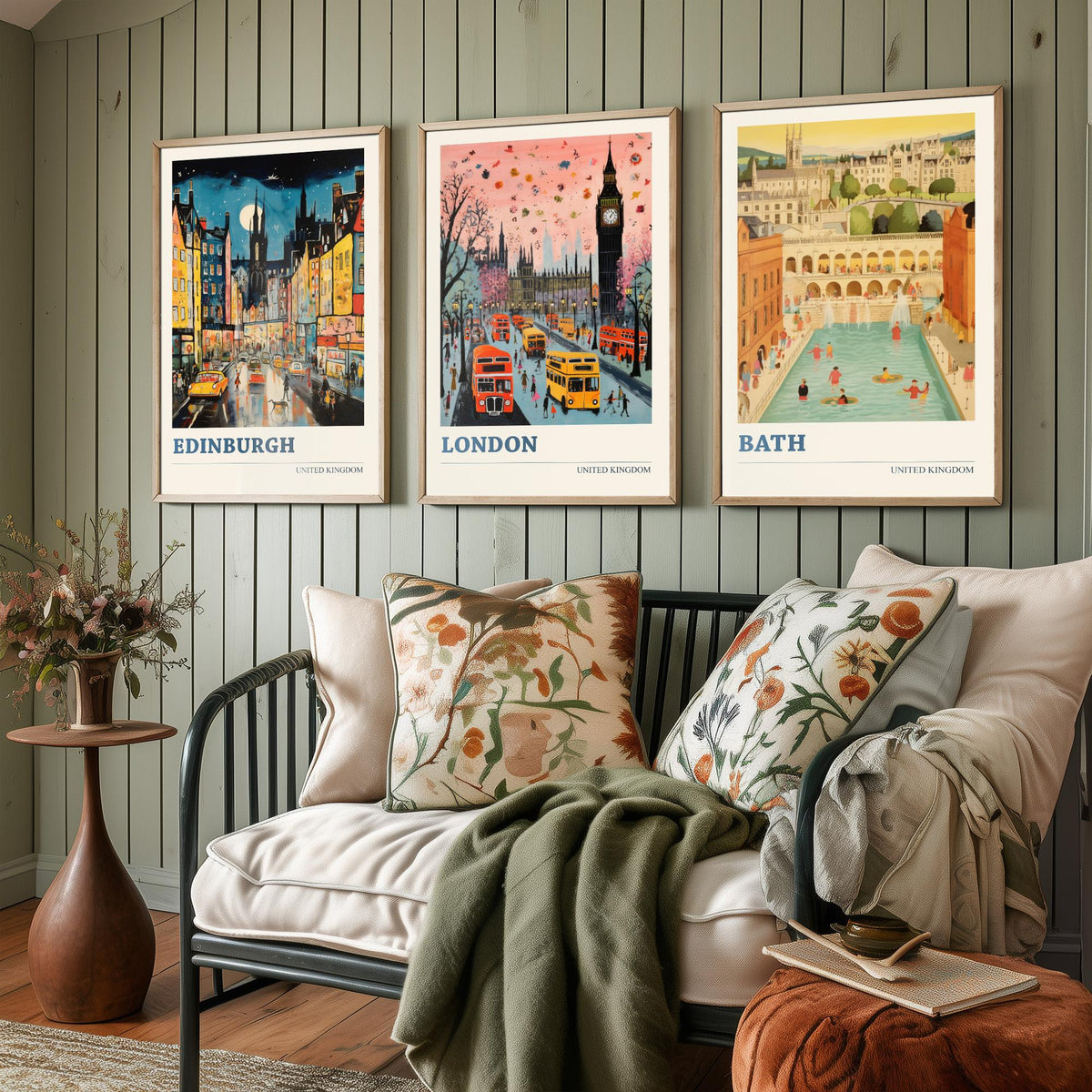 Edinburgh, London, Bath Set of Three Art Prints - United Kingdom Ludwig Modern Poster - Big Ben, Roman Baths Illustration