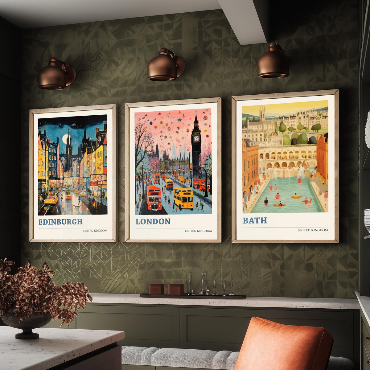 Edinburgh, London, Bath Set of Three Art Prints - United Kingdom Ludwig Modern Poster - Big Ben, Roman Baths Illustration