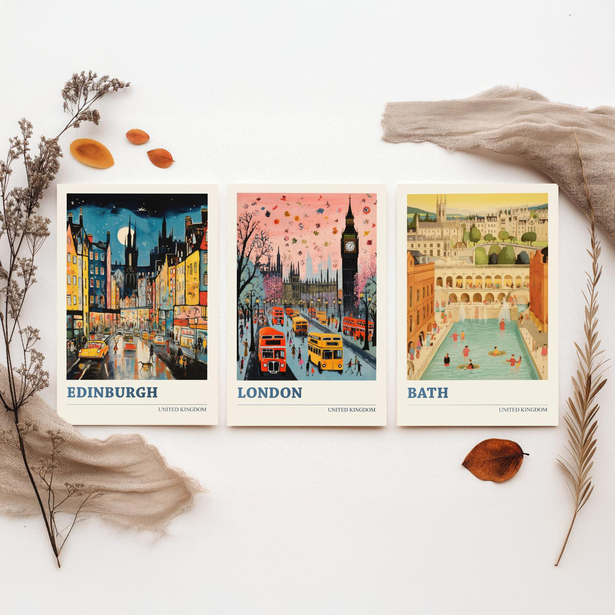 Edinburgh, London, Bath Set of Three Art Prints - United Kingdom Ludwig Modern Poster - Big Ben, Roman Baths Illustration