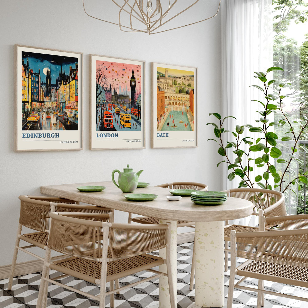 Edinburgh, London, Bath Set of Three Art Prints - United Kingdom Ludwig Modern Poster - Big Ben, Roman Baths Illustration