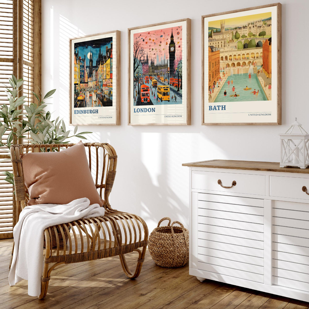 Edinburgh, London, Bath Set of Three Art Prints - United Kingdom Ludwig Modern Poster - Big Ben, Roman Baths Illustration