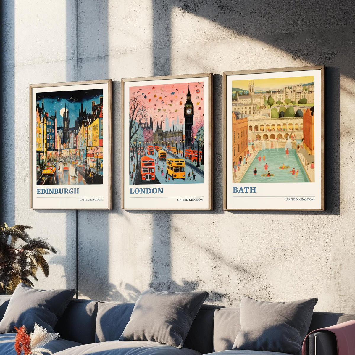 Edinburgh, London, Bath Set of Three Art Prints - United Kingdom Ludwig Modern Poster - Big Ben, Roman Baths Illustration