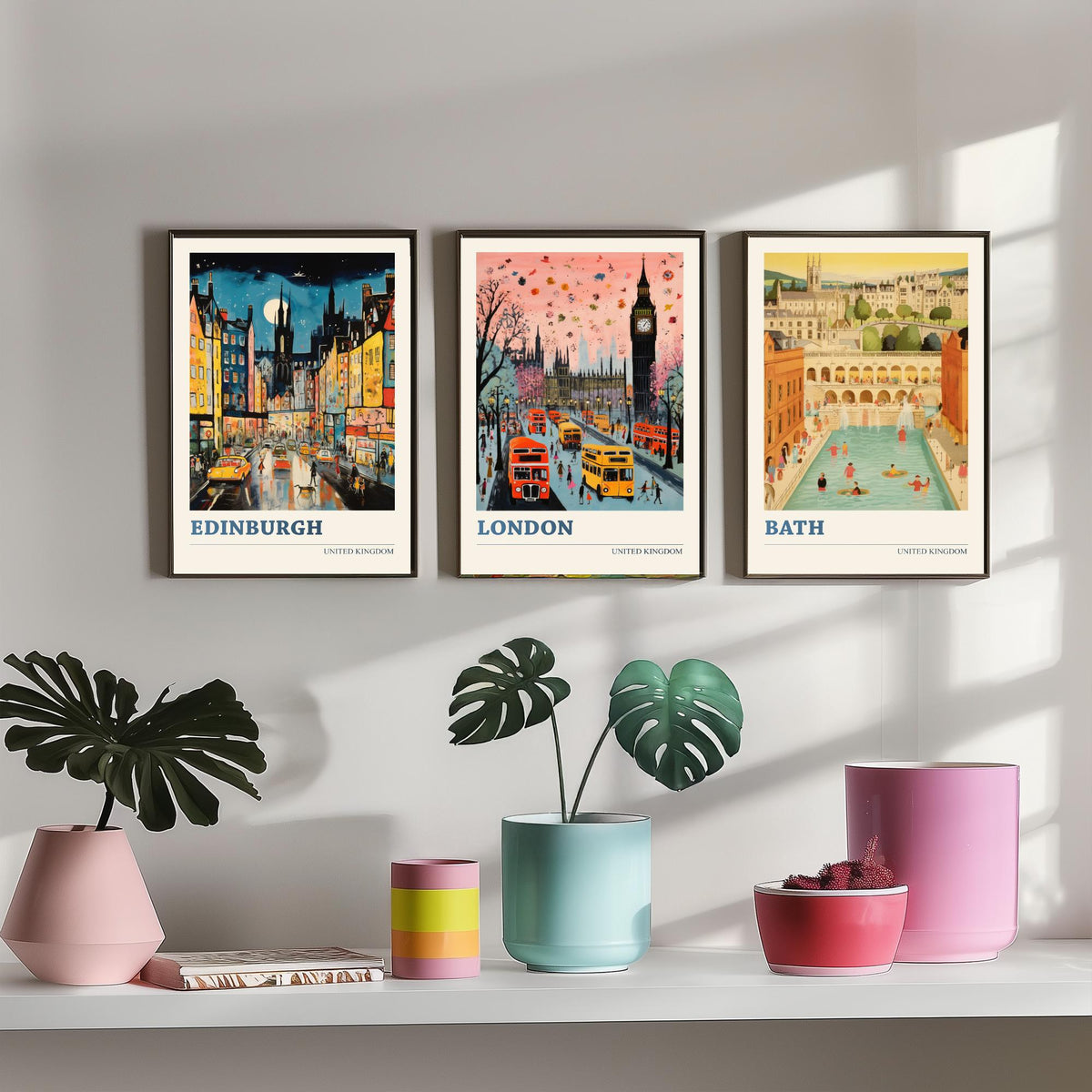 Edinburgh, London, Bath Set of Three Art Prints - United Kingdom Ludwig Modern Poster - Big Ben, Roman Baths Illustration