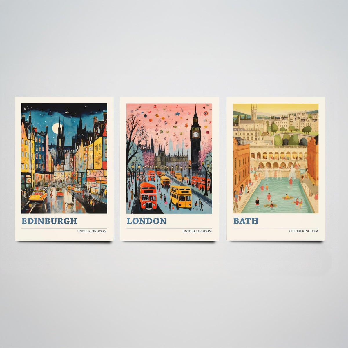 Edinburgh, London, Bath Set of Three Art Prints - United Kingdom Ludwig Modern Poster - Big Ben, Roman Baths Illustration
