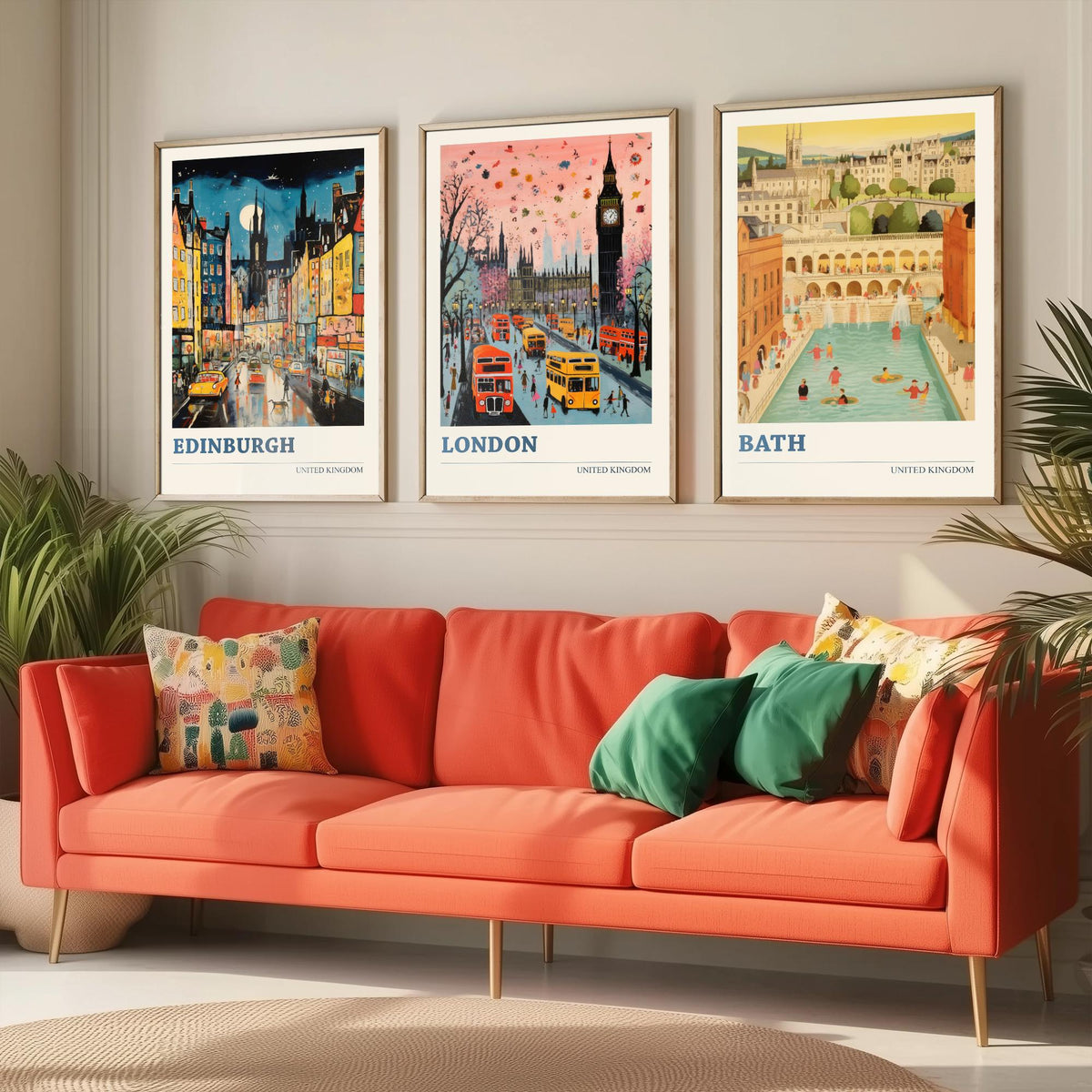Edinburgh, London, Bath Set of Three Art Prints - United Kingdom Ludwig Modern Poster - Big Ben, Roman Baths Illustration