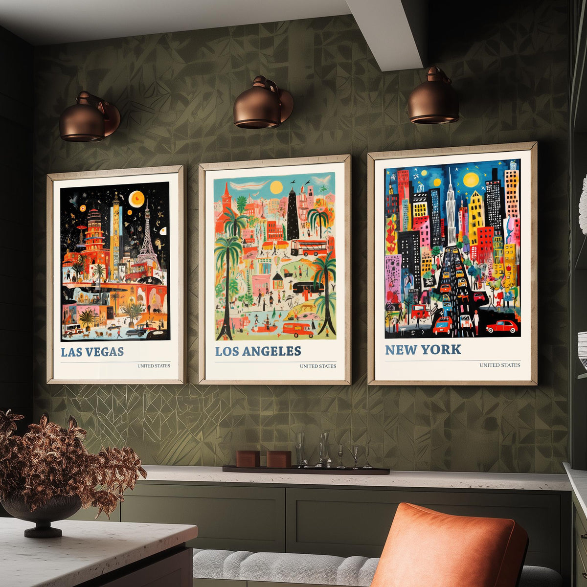 Las Vegas, Los Angeles, New York Set of Three Art Prints - United States Ludwig Modern Travel Poster - American City Illustration