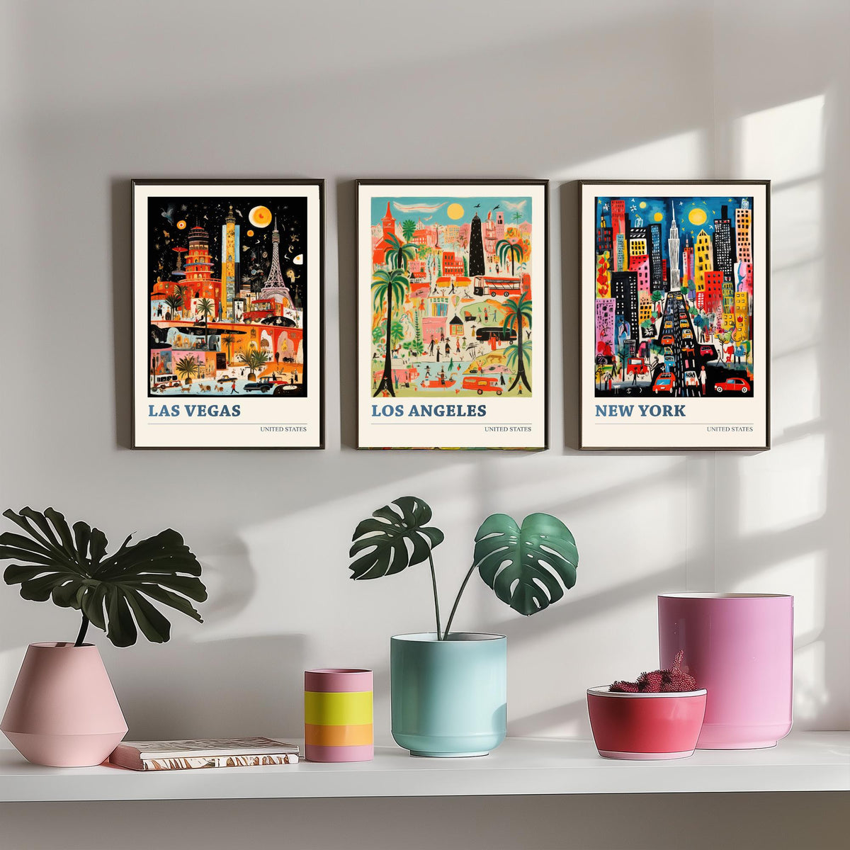 Las Vegas, Los Angeles, New York Set of Three Art Prints - United States Ludwig Modern Travel Poster - American City Illustration