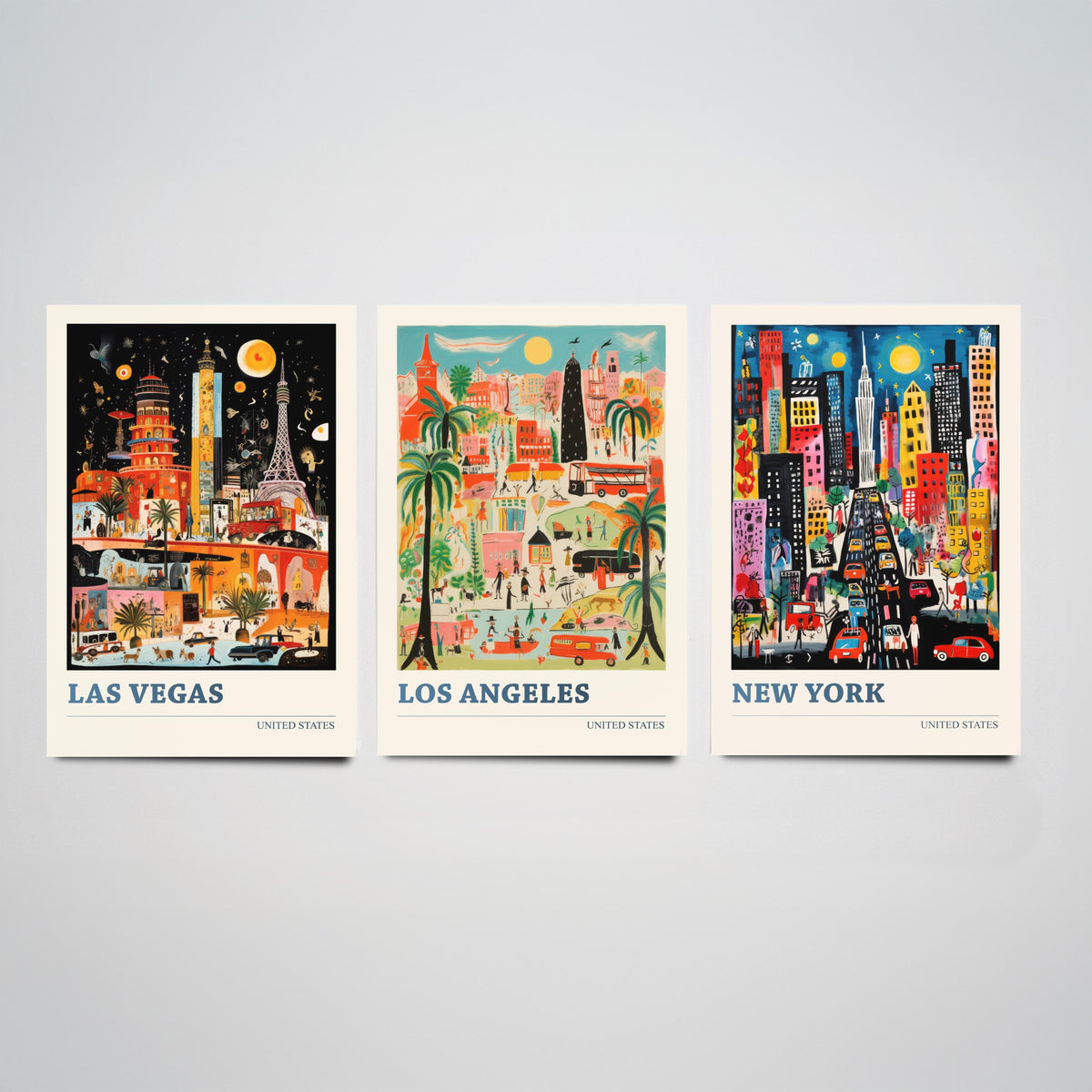 Las Vegas, Los Angeles, New York Set of Three Art Prints - United States Ludwig Modern Travel Poster - American City Illustration