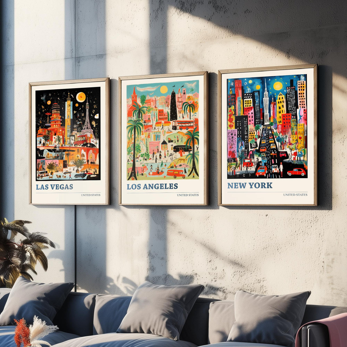 Las Vegas, Los Angeles, New York Set of Three Art Prints - United States Ludwig Modern Travel Poster - American City Illustration