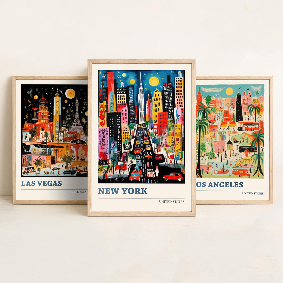 Las Vegas, Los Angeles, New York Set of Three Art Prints - United States Ludwig Modern Travel Poster - American City Illustration