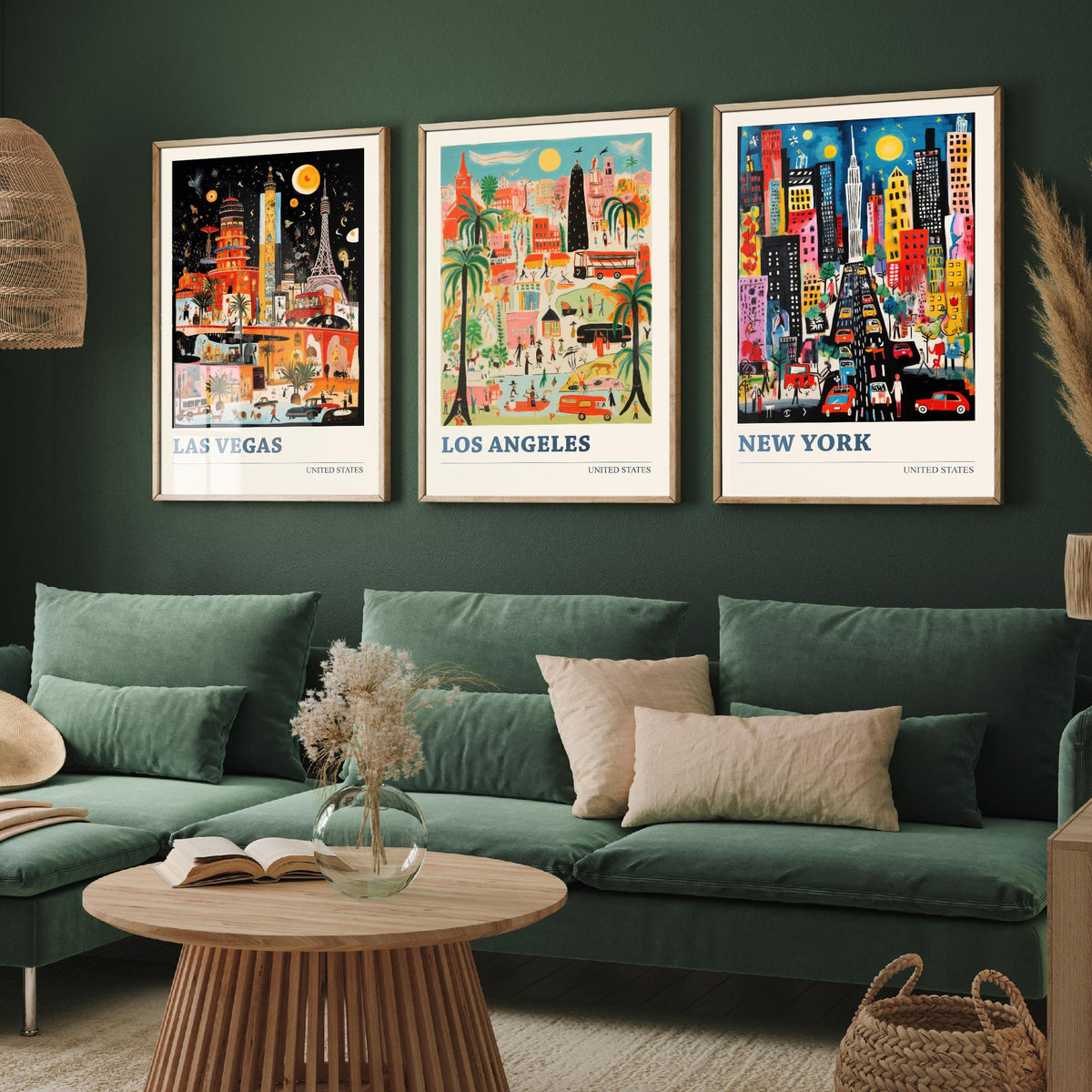 Las Vegas, Los Angeles, New York Set of Three Art Prints - United States Ludwig Modern Travel Poster - American City Illustration