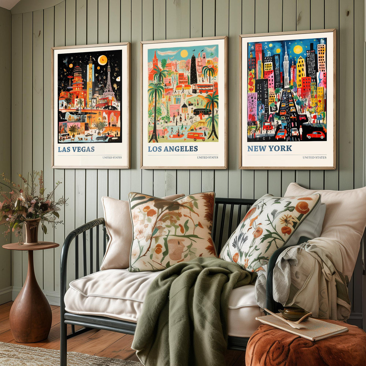 Las Vegas, Los Angeles, New York Set of Three Art Prints - United States Ludwig Modern Travel Poster - American City Illustration