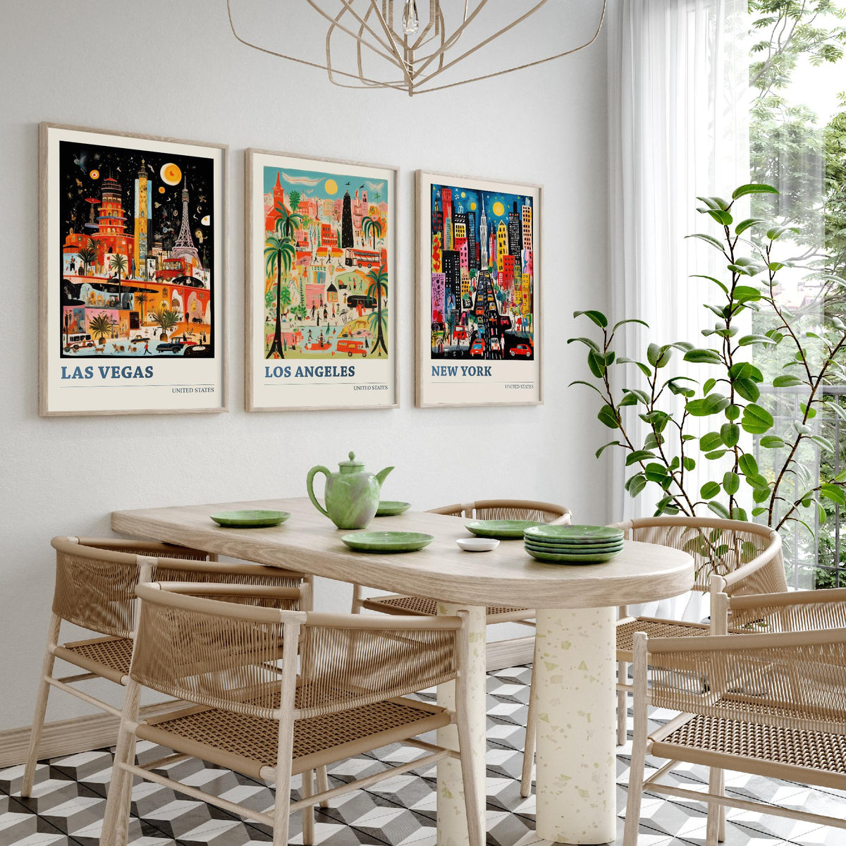 Las Vegas, Los Angeles, New York Set of Three Art Prints - United States Ludwig Modern Travel Poster - American City Illustration
