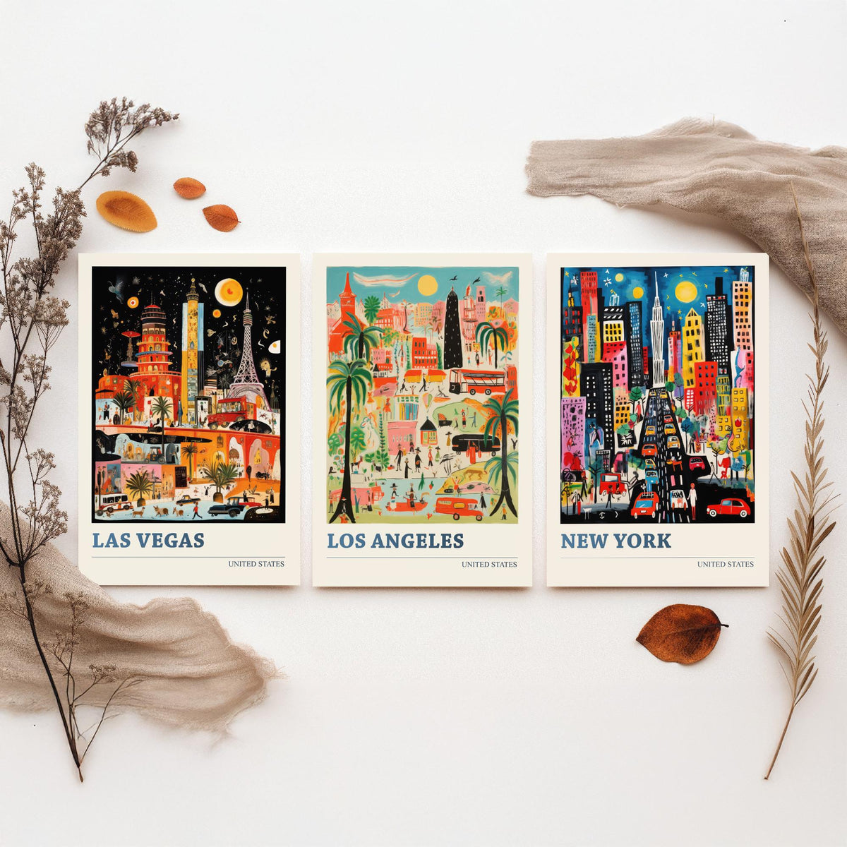 Las Vegas, Los Angeles, New York Set of Three Art Prints - United States Ludwig Modern Travel Poster - American City Illustration