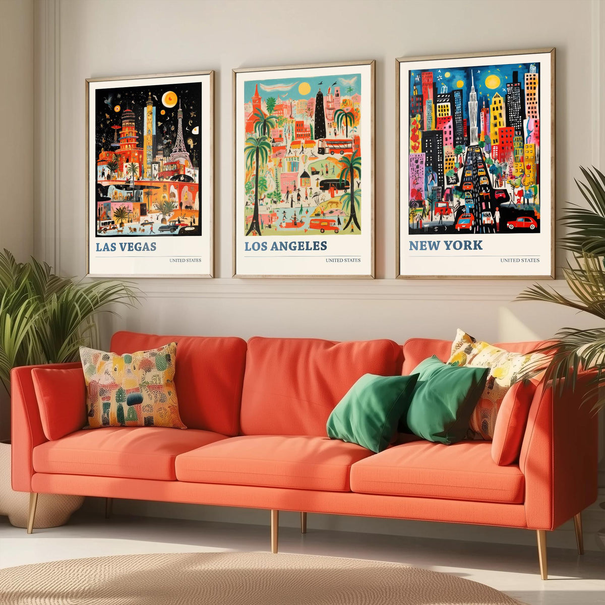 Las Vegas, Los Angeles, New York Set of Three Art Prints - United States Ludwig Modern Travel Poster - American City Illustration