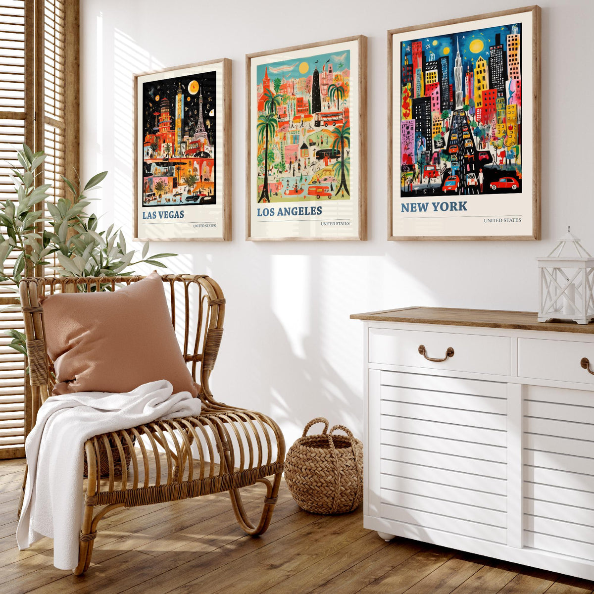 Las Vegas, Los Angeles, New York Set of Three Art Prints - United States Ludwig Modern Travel Poster - American City Illustration