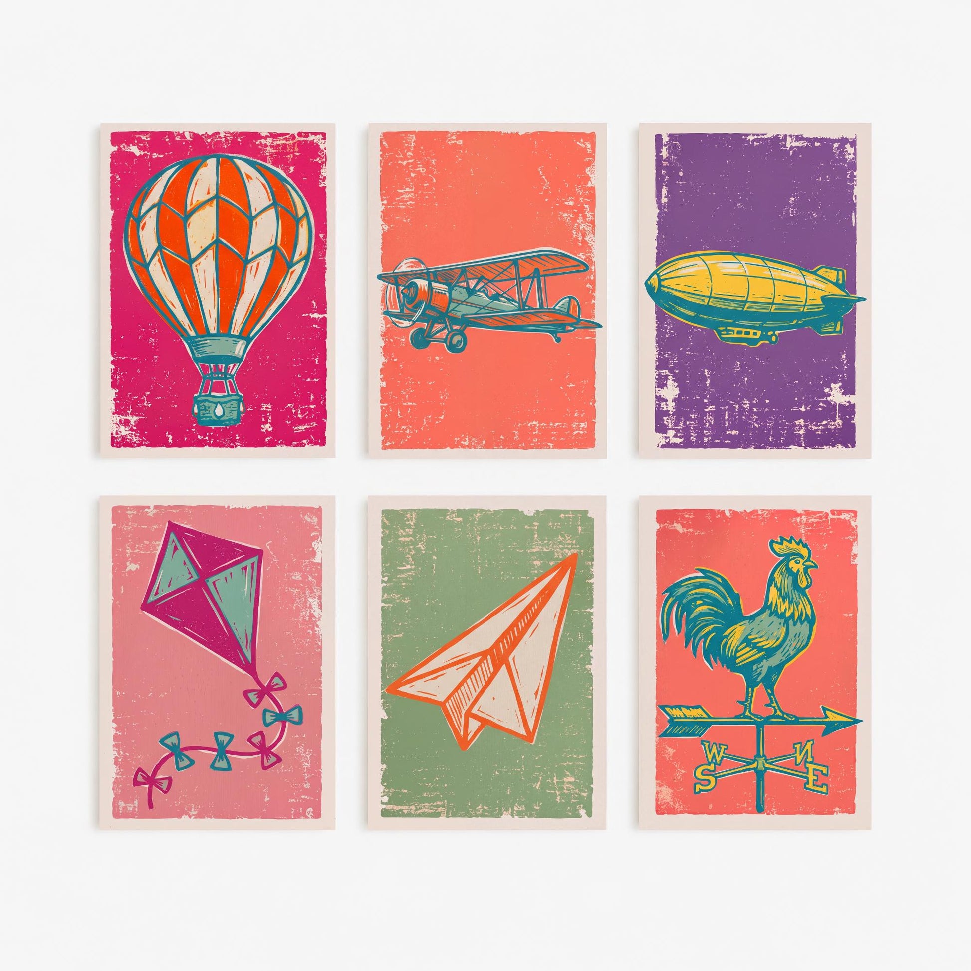 Set of Six Up in the Air Art Prints - 6 Linocut Sky Illustrations - Hot Air Balloon, Biplane, Zeppelin, Paper Plane, Weathervane Posters