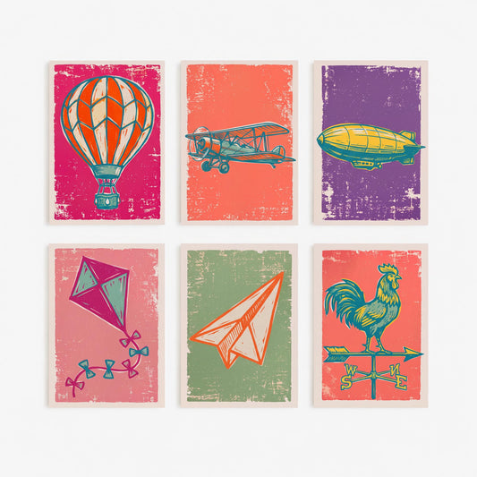 Set of Six Up in the Air Art Prints - 6 Linocut Sky Illustrations - Hot Air Balloon, Biplane, Zeppelin, Paper Plane, Weathervane Posters