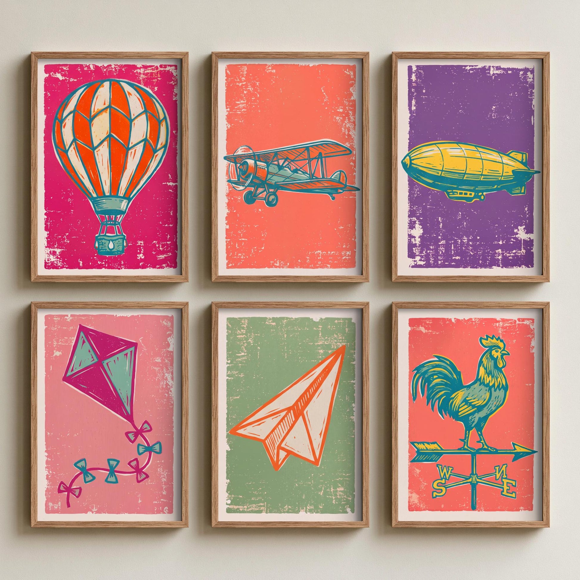 Set of Six Up in the Air Art Prints - 6 Linocut Sky Illustrations - Hot Air Balloon, Biplane, Zeppelin, Paper Plane, Weathervane Posters