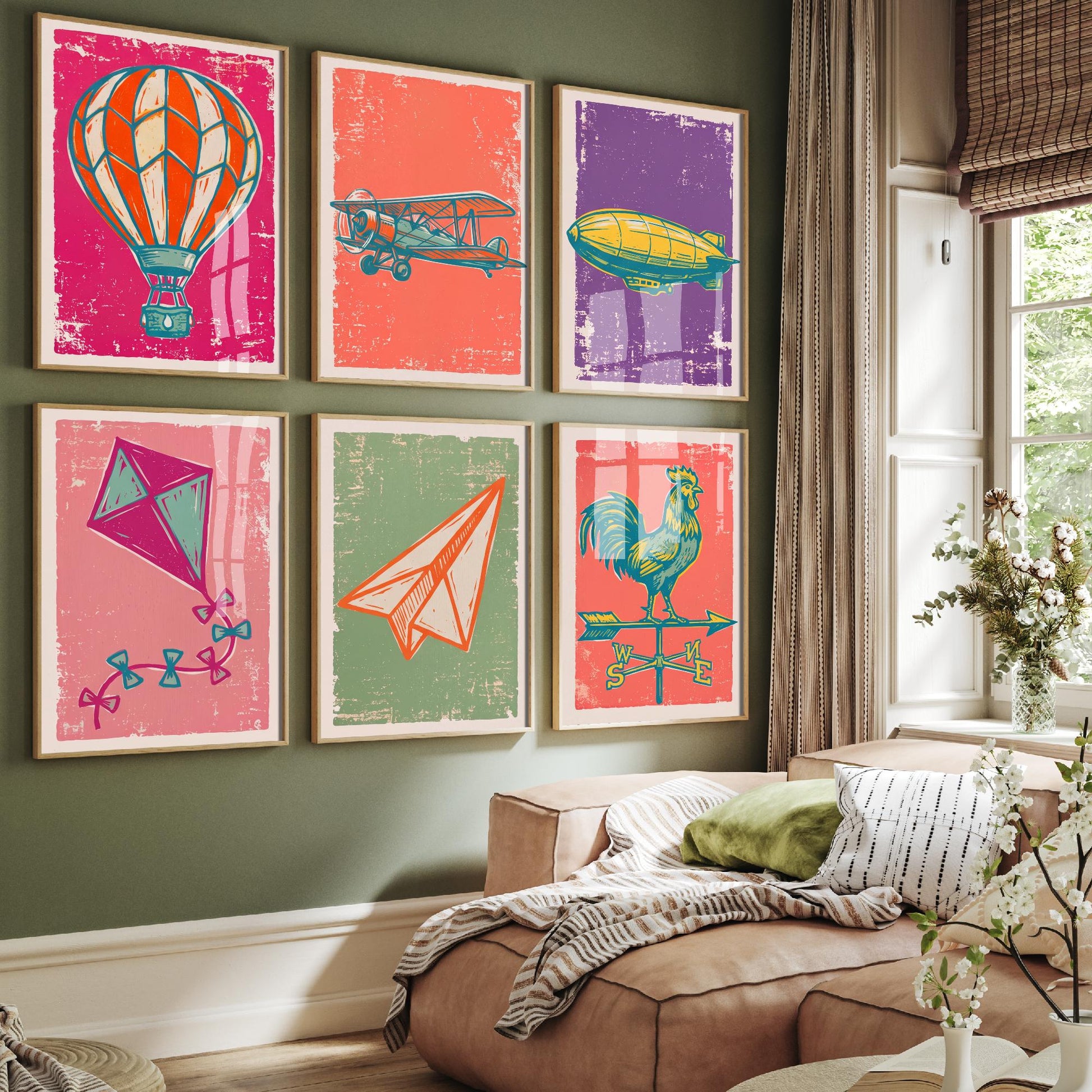 Set of Six Up in the Air Art Prints - 6 Linocut Sky Illustrations - Hot Air Balloon, Biplane, Zeppelin, Paper Plane, Weathervane Posters