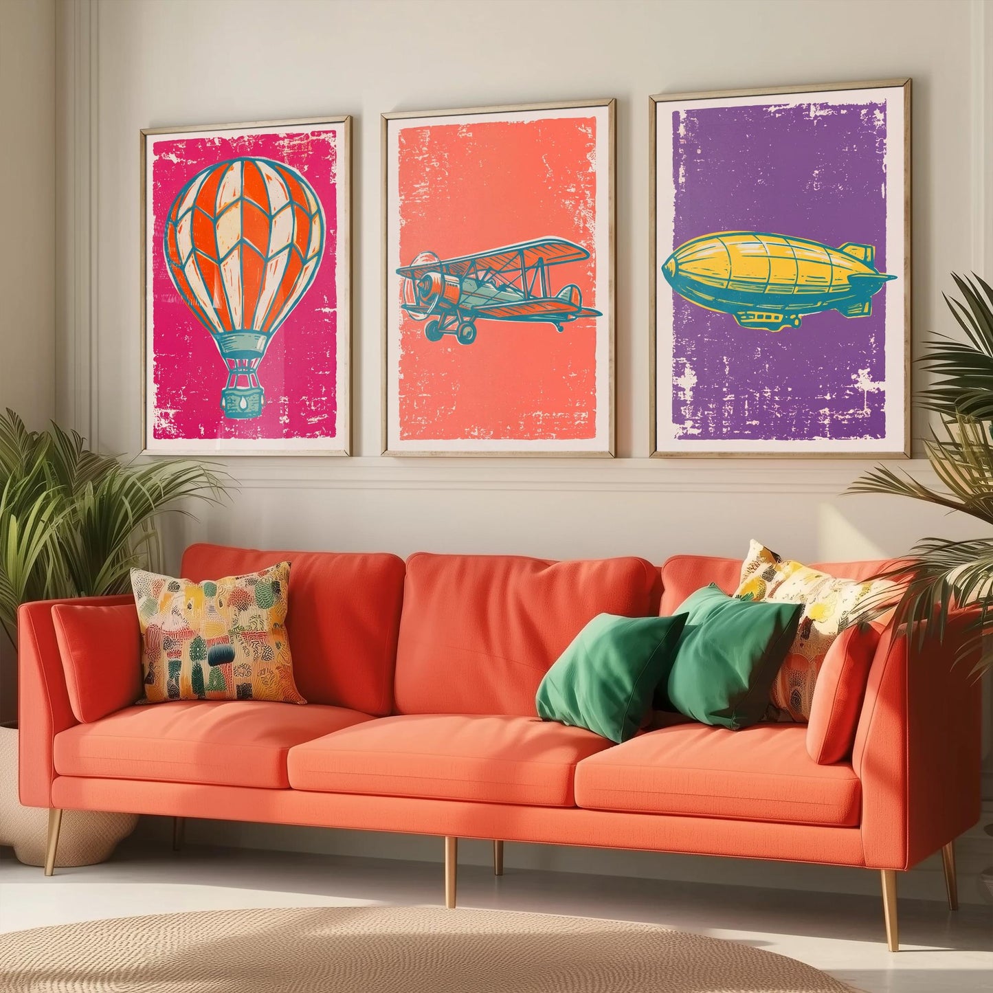 Hot Air Balloon, Biplane and Zeppelin - Set of Three Linocut Illustrations - Aviation Art Prints - Vintage Flight Posters V1