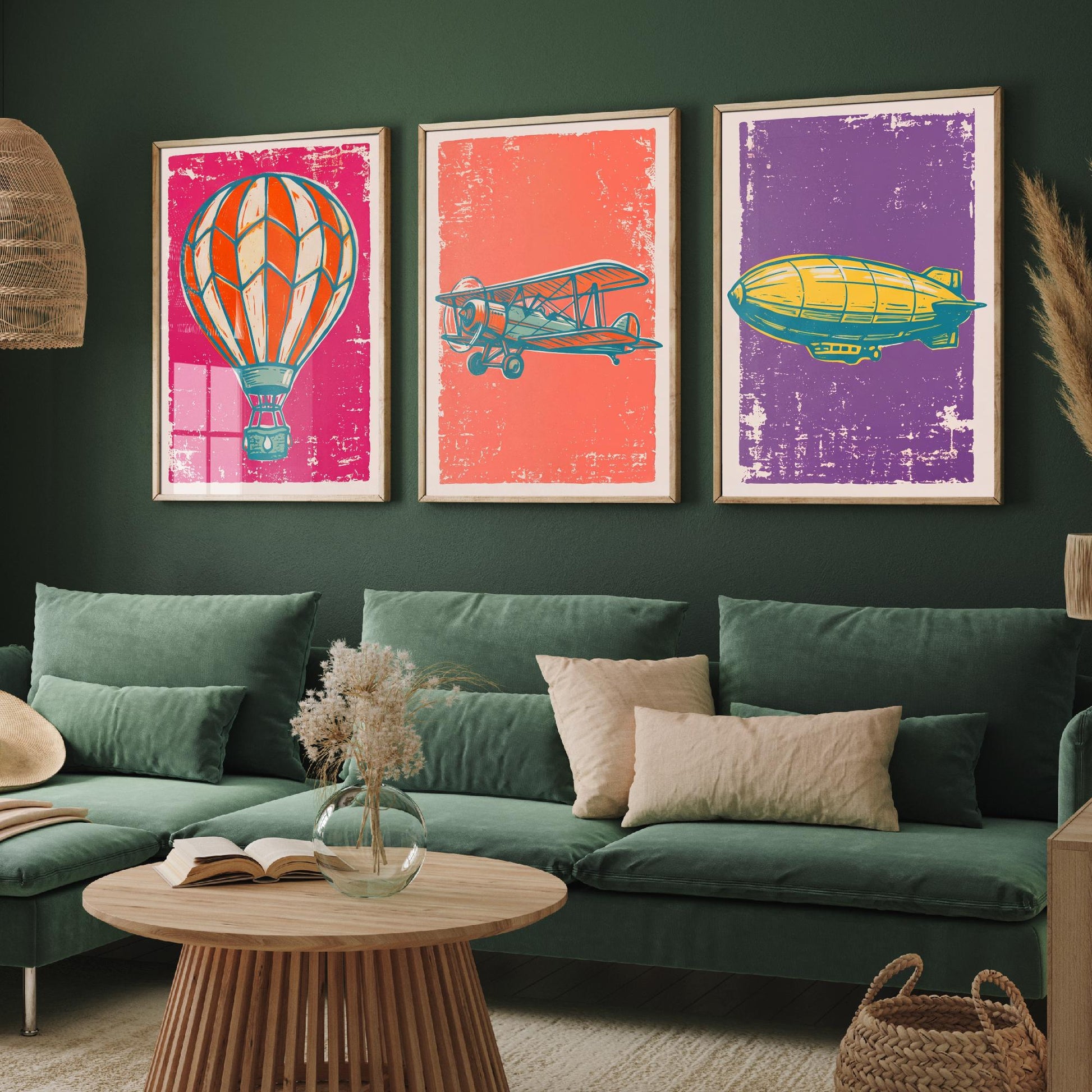 Hot Air Balloon, Biplane and Zeppelin - Set of Three Linocut Illustrations - Aviation Art Prints - Vintage Flight Posters V1