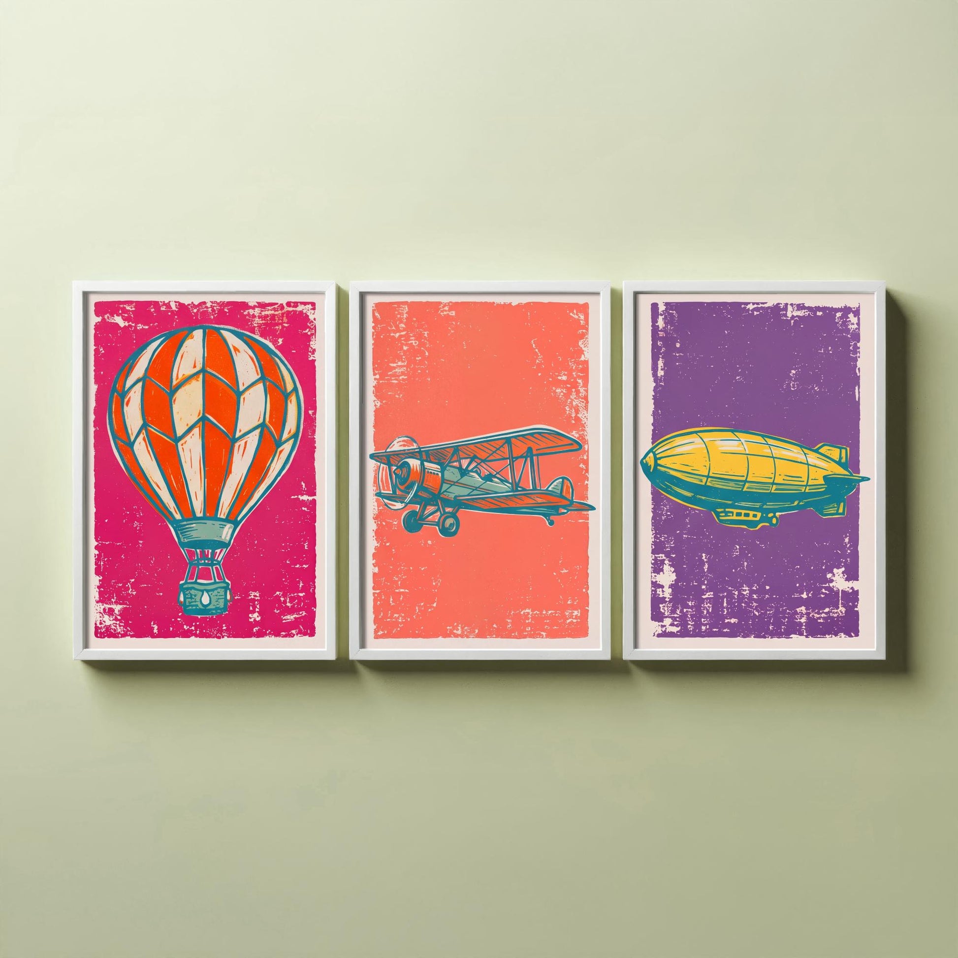 Hot Air Balloon, Biplane and Zeppelin - Set of Three Linocut Illustrations - Aviation Art Prints - Vintage Flight Posters V1