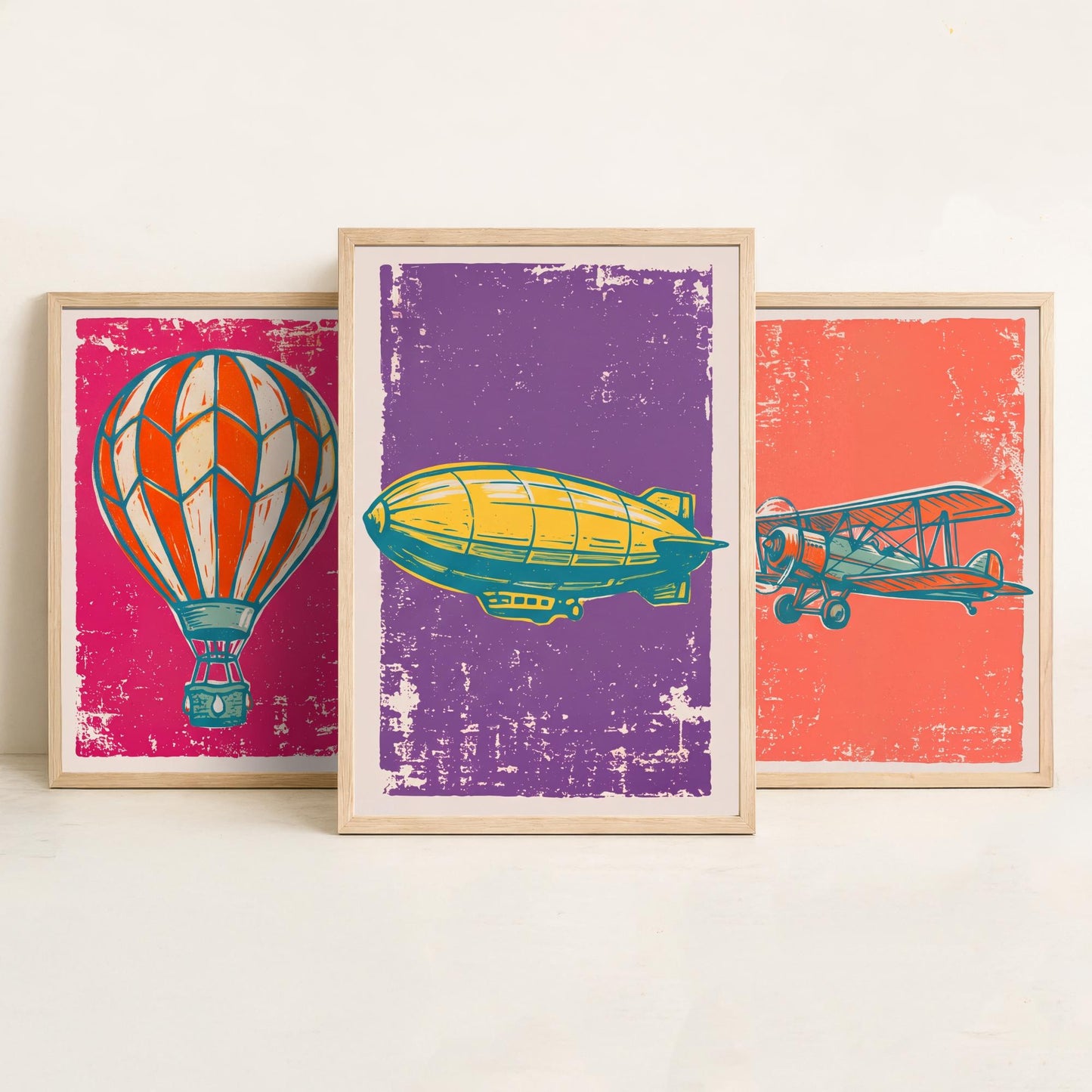 Hot Air Balloon, Biplane and Zeppelin - Set of Three Linocut Illustrations - Aviation Art Prints - Vintage Flight Posters V1