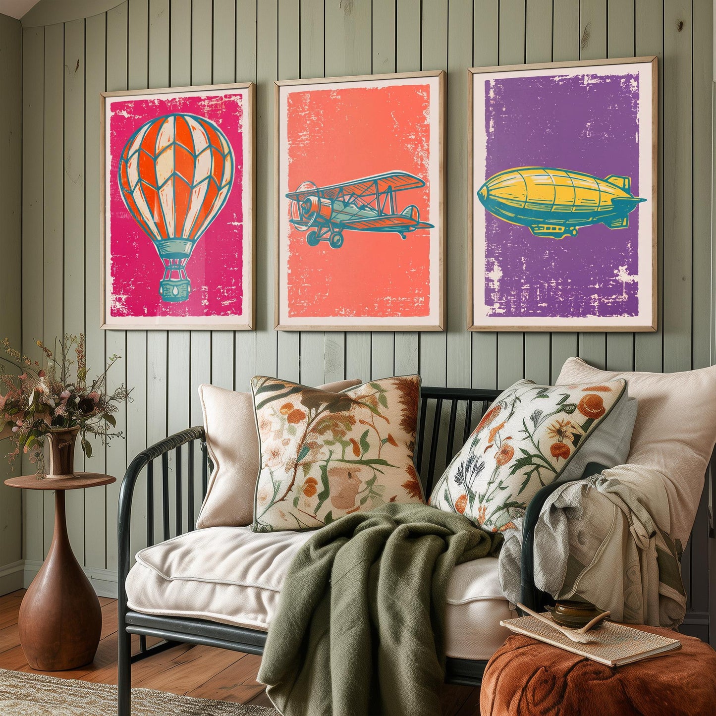 Hot Air Balloon, Biplane and Zeppelin - Set of Three Linocut Illustrations - Aviation Art Prints - Vintage Flight Posters V1