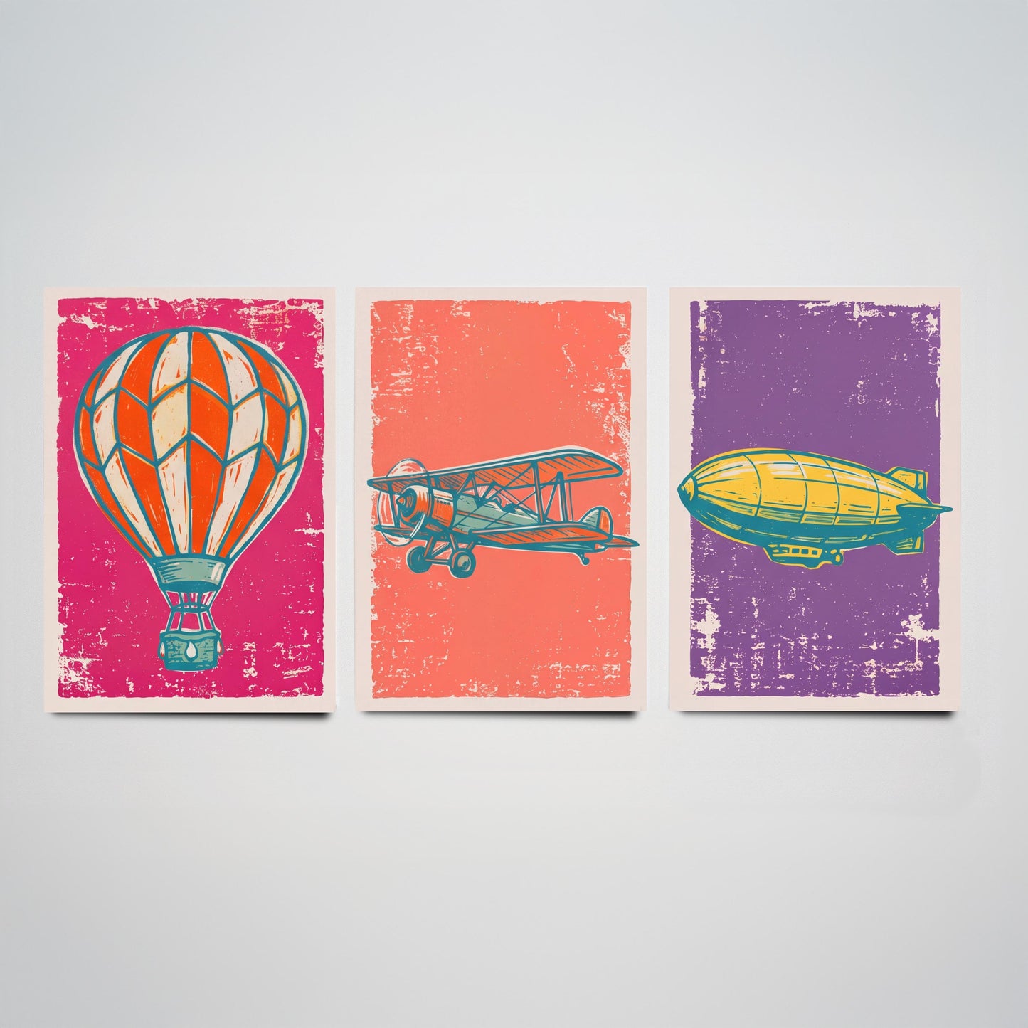 Hot Air Balloon, Biplane and Zeppelin - Set of Three Linocut Illustrations - Aviation Art Prints - Vintage Flight Posters V1