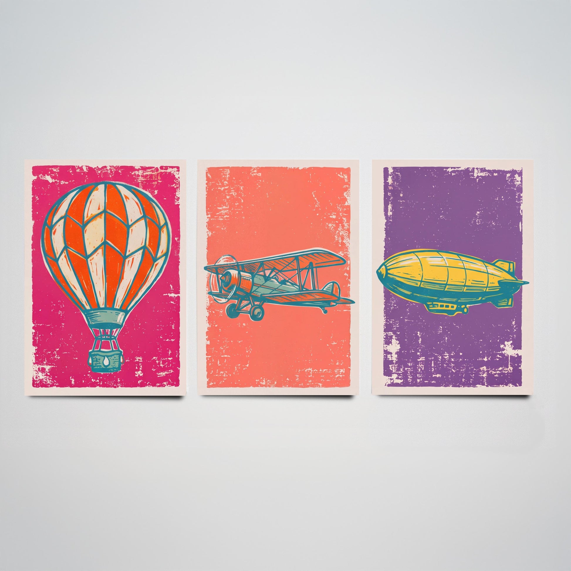 Hot Air Balloon, Biplane and Zeppelin - Set of Three Linocut Illustrations - Aviation Art Prints - Vintage Flight Posters V1