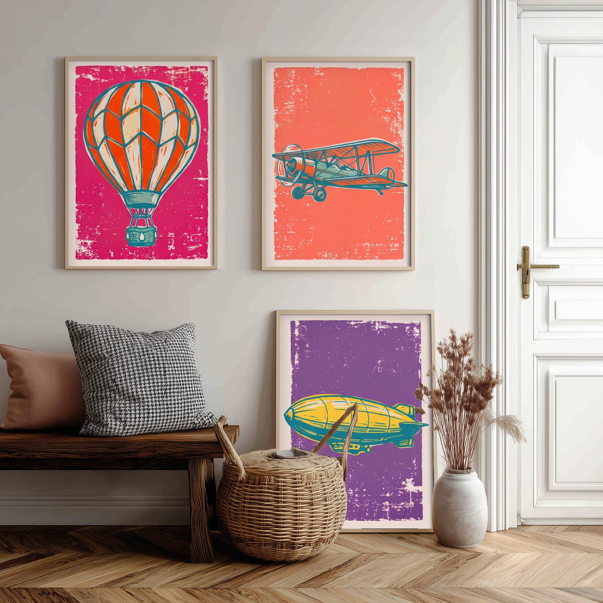 Hot Air Balloon, Biplane and Zeppelin - Set of Three Linocut Illustrations - Aviation Art Prints - Vintage Flight Posters V1