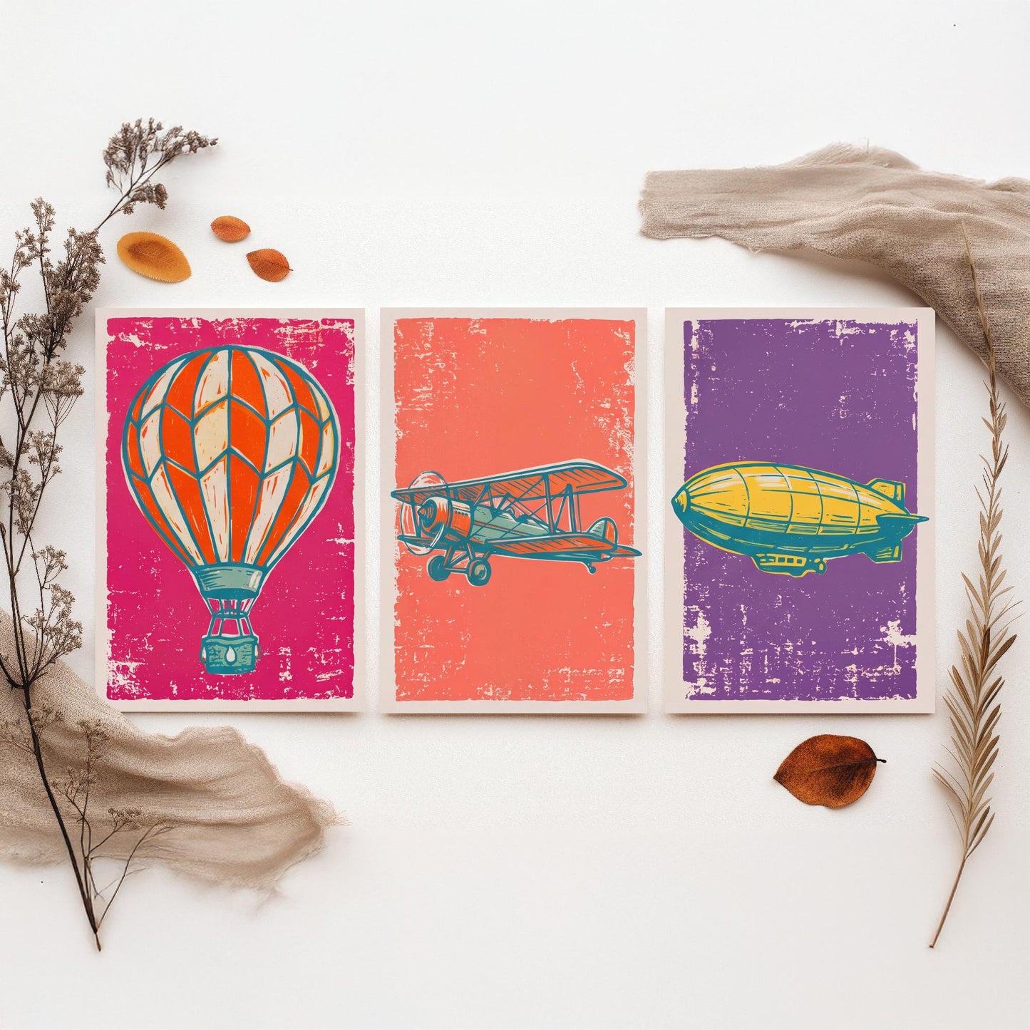 Hot Air Balloon, Biplane and Zeppelin - Set of Three Linocut Illustrations - Aviation Art Prints - Vintage Flight Posters V1