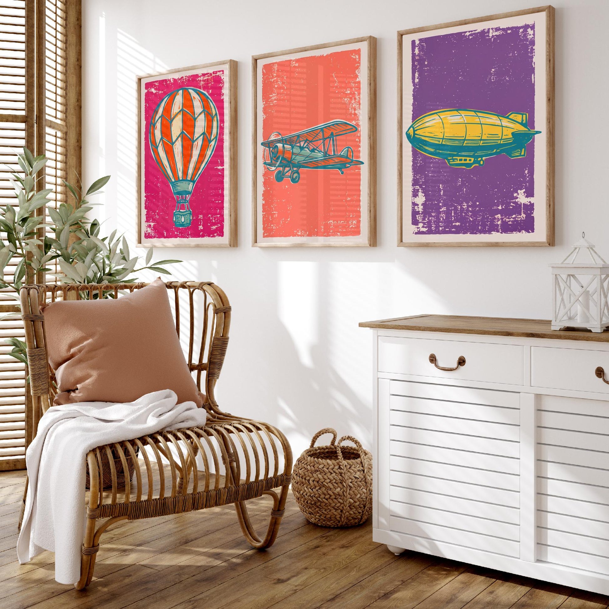 Hot Air Balloon, Biplane and Zeppelin - Set of Three Linocut Illustrations - Aviation Art Prints - Vintage Flight Posters V1