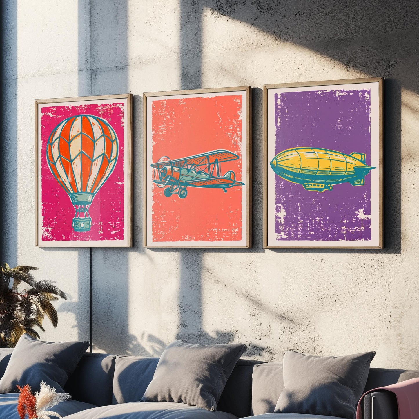 Hot Air Balloon, Biplane and Zeppelin - Set of Three Linocut Illustrations - Aviation Art Prints - Vintage Flight Posters V1