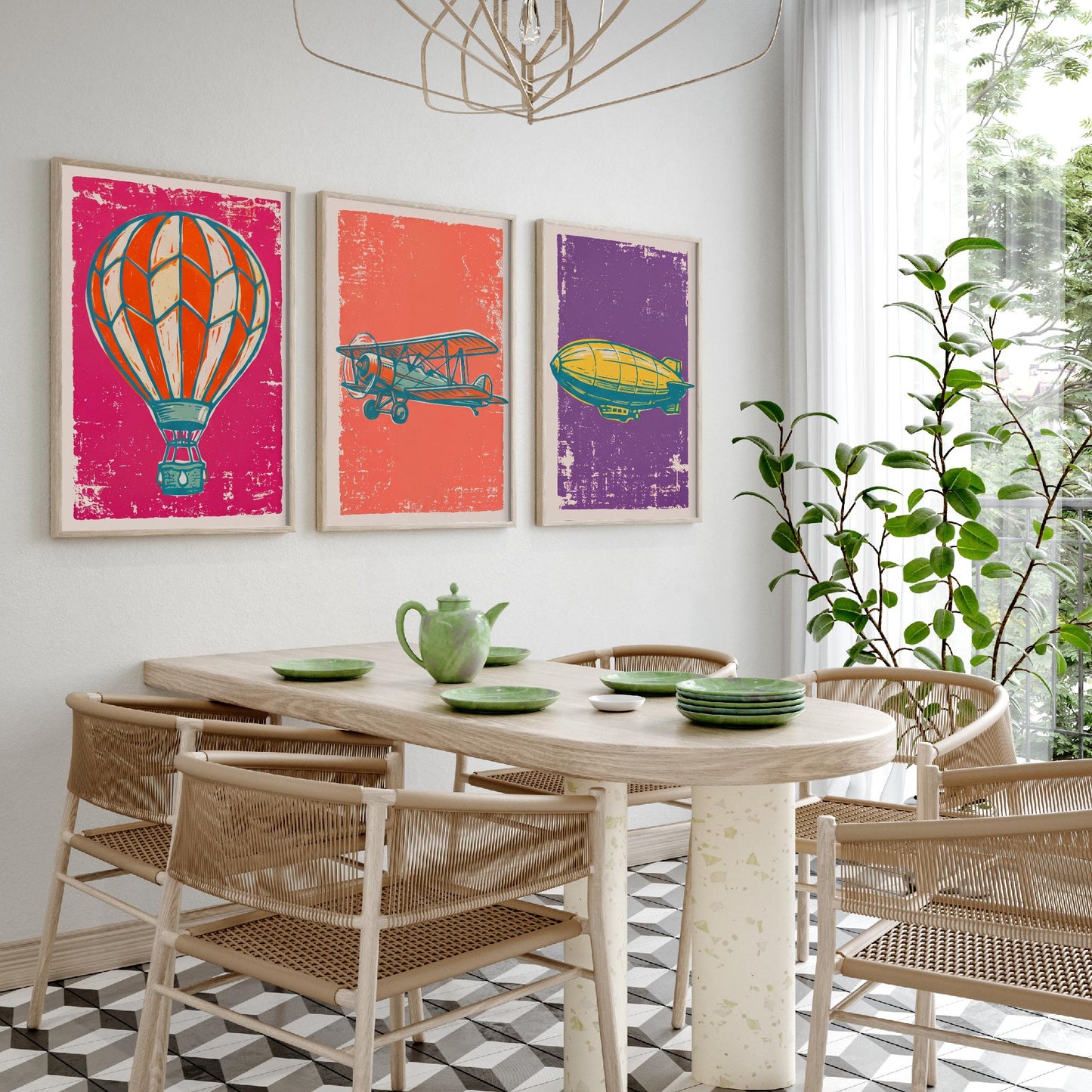 Hot Air Balloon, Biplane and Zeppelin - Set of Three Linocut Illustrations - Aviation Art Prints - Vintage Flight Posters V1