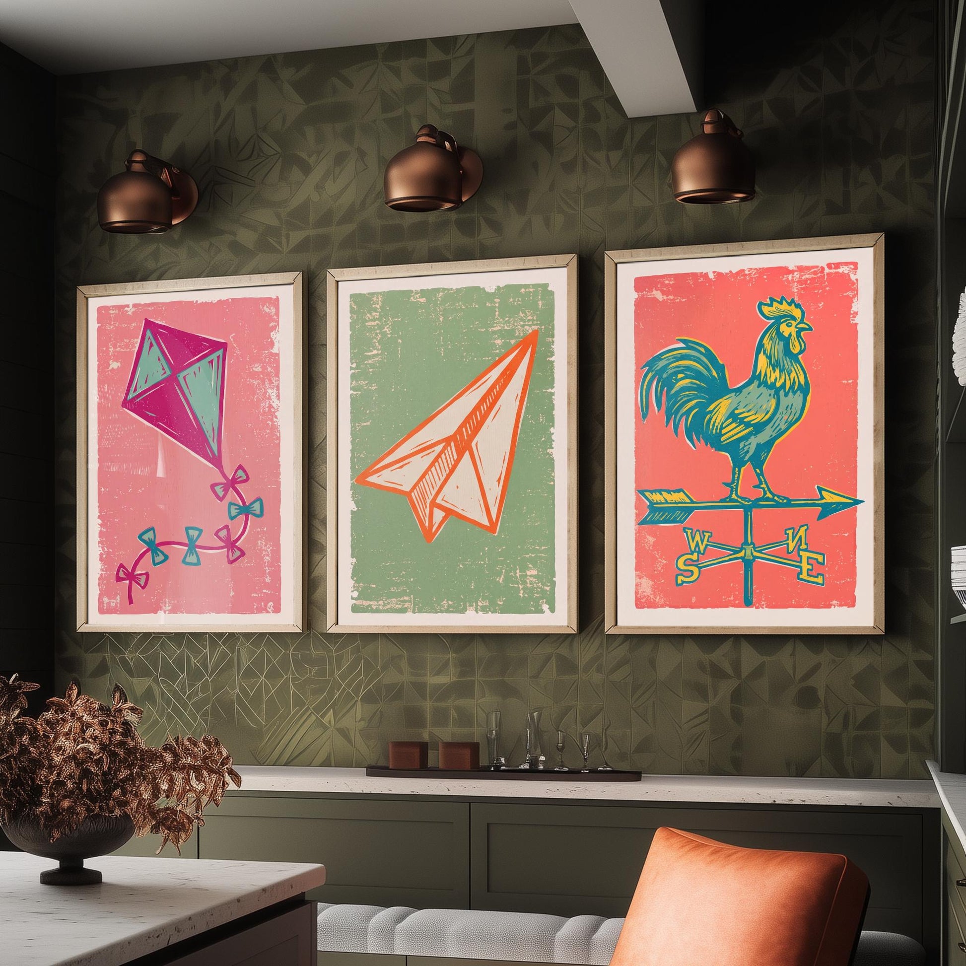 Kite, Paper Aeroplane and Weathervane - Set of Three Linocut Illustrations - Sky Art Prints - Up in the Air Posters V2