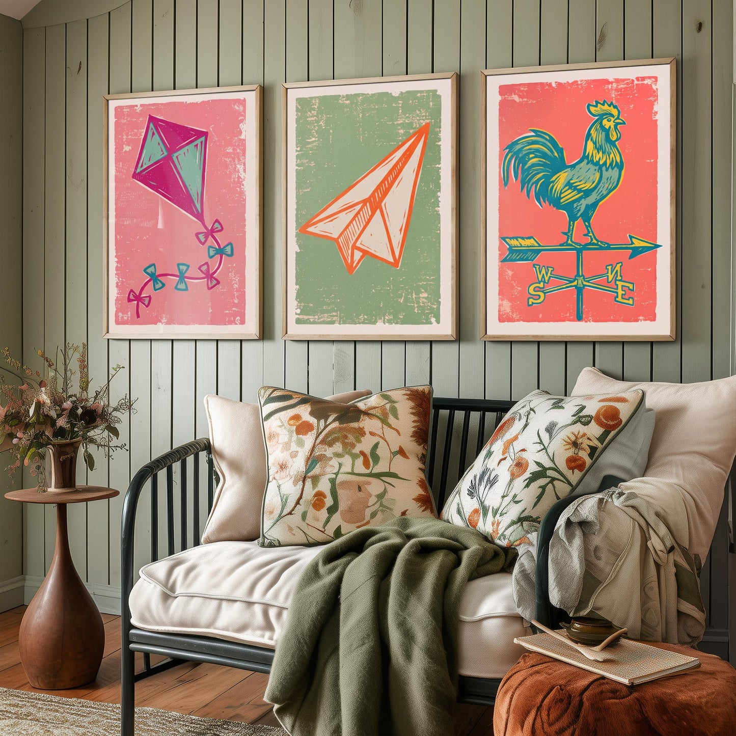 Kite, Paper Aeroplane and Weathervane - Set of Three Linocut Illustrations - Sky Art Prints - Up in the Air Posters V2