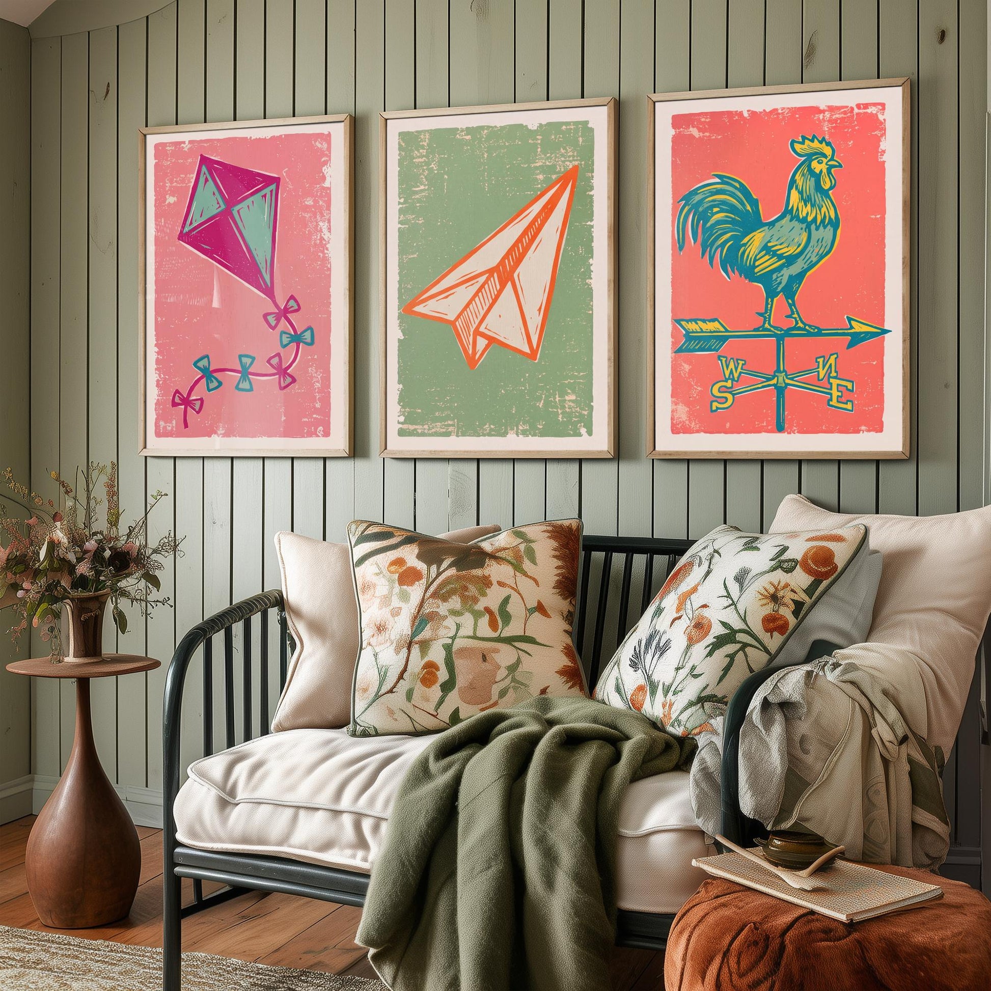 Kite, Paper Aeroplane and Weathervane - Set of Three Linocut Illustrations - Sky Art Prints - Up in the Air Posters V2