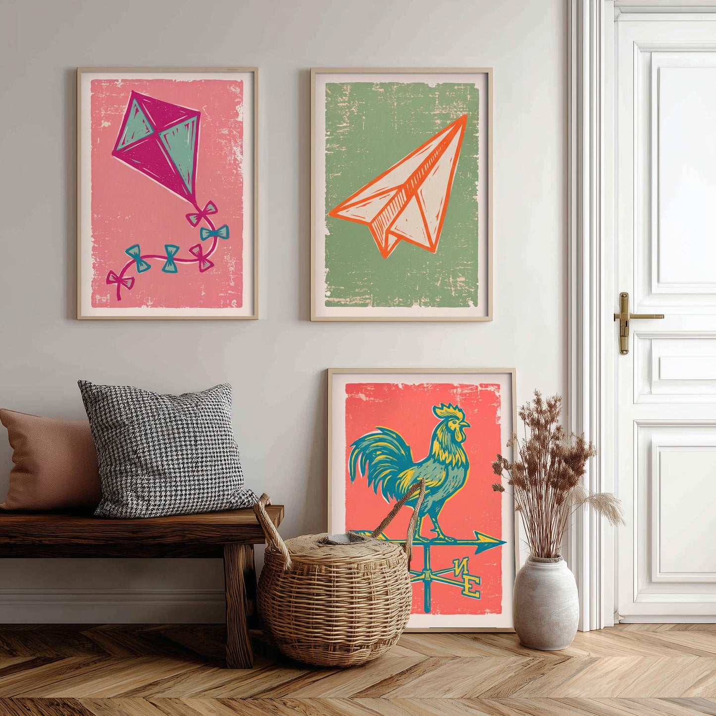 Kite, Paper Aeroplane and Weathervane - Set of Three Linocut Illustrations - Sky Art Prints - Up in the Air Posters V2