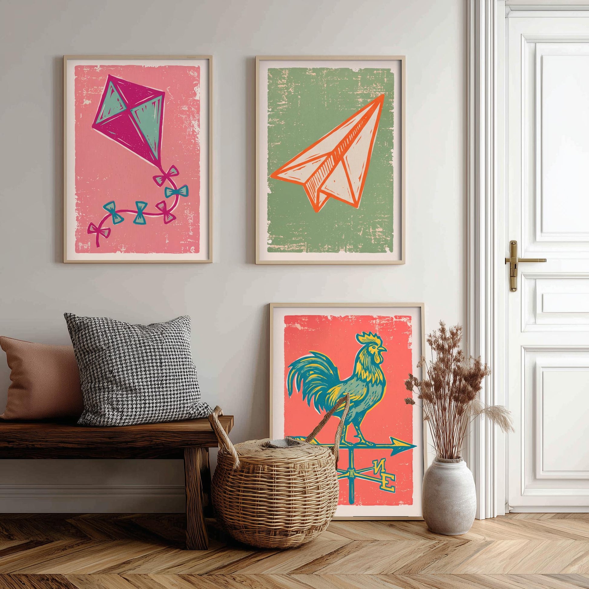 Kite, Paper Aeroplane and Weathervane - Set of Three Linocut Illustrations - Sky Art Prints - Up in the Air Posters V2