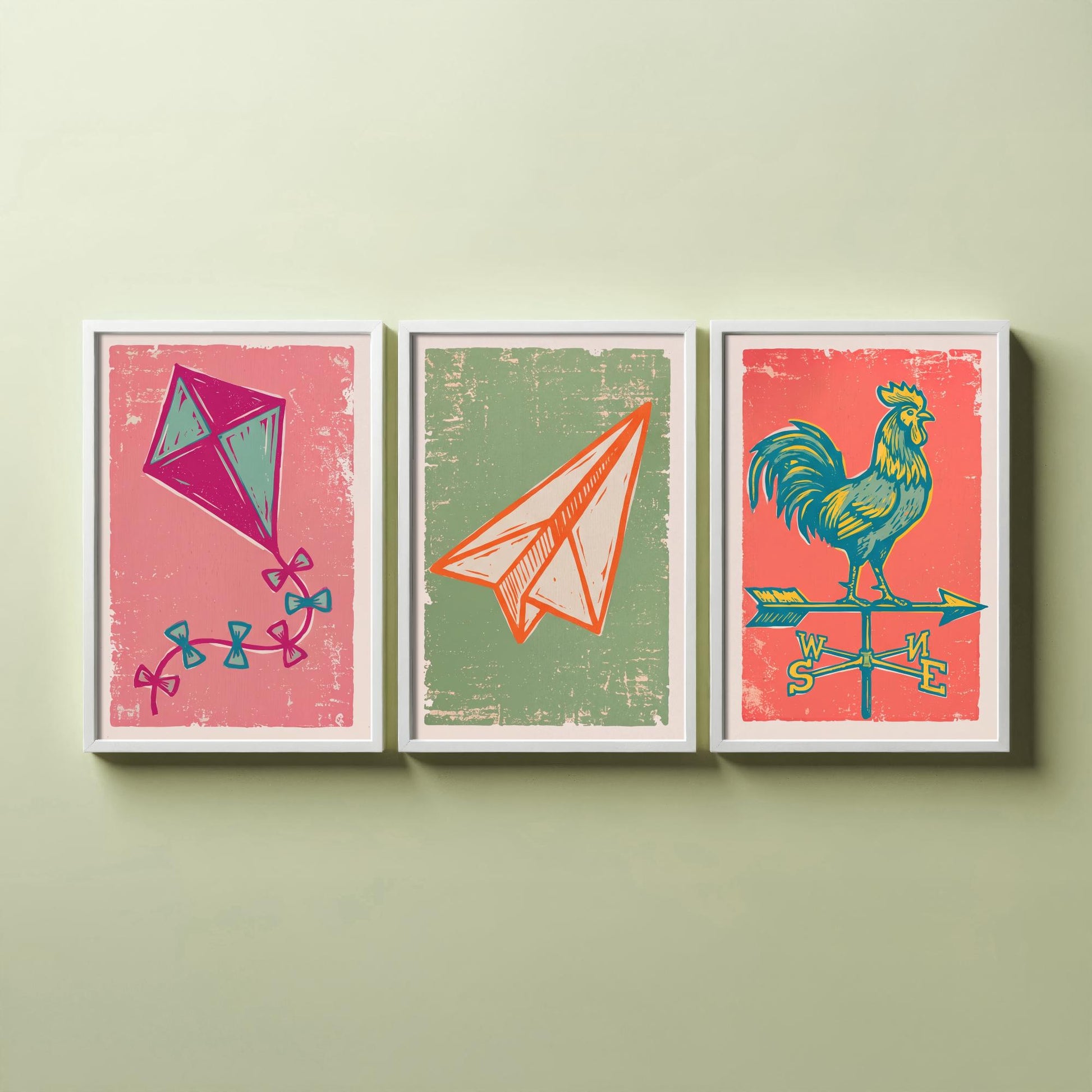 Kite, Paper Aeroplane and Weathervane - Set of Three Linocut Illustrations - Sky Art Prints - Up in the Air Posters V2