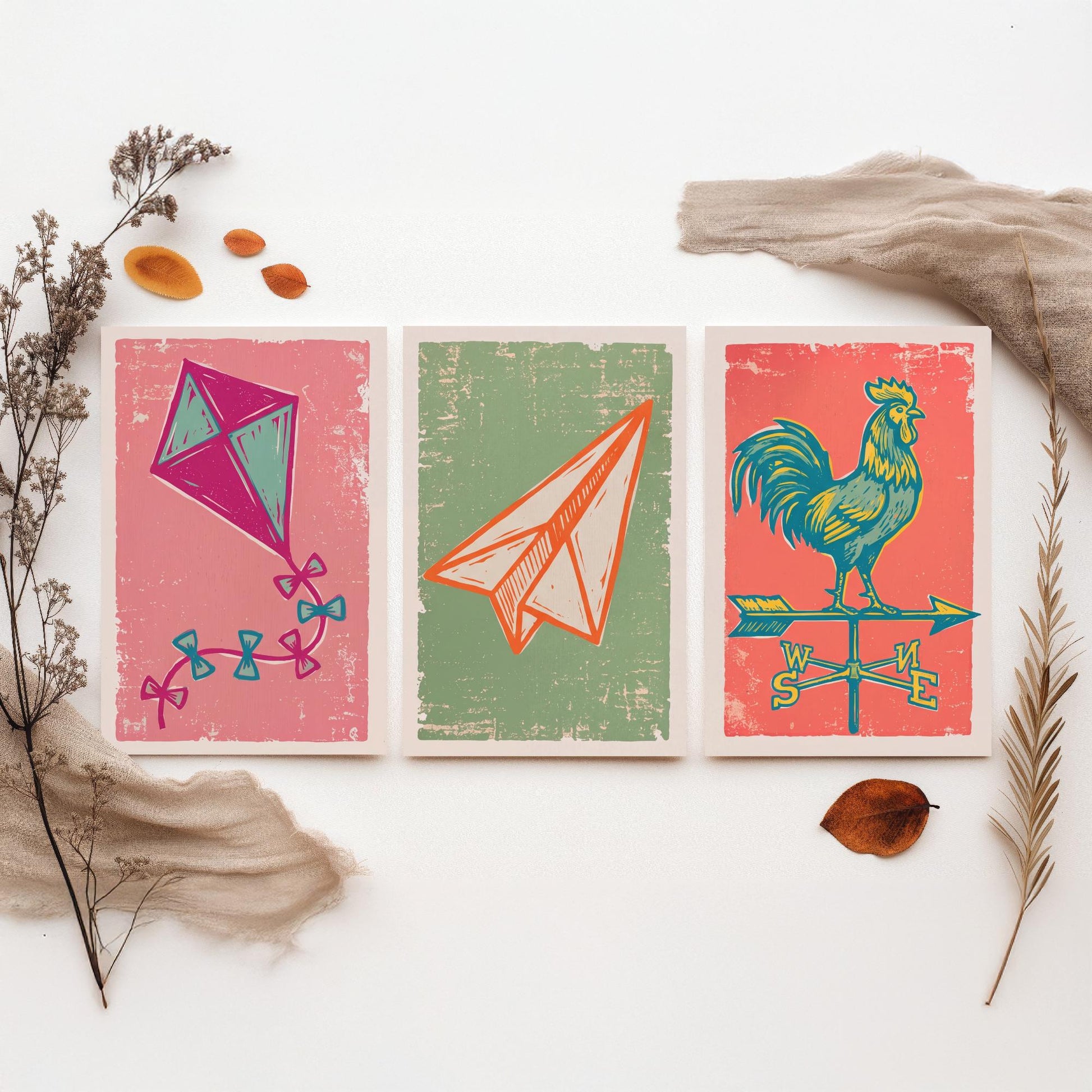 Kite, Paper Aeroplane and Weathervane - Set of Three Linocut Illustrations - Sky Art Prints - Up in the Air Posters V2