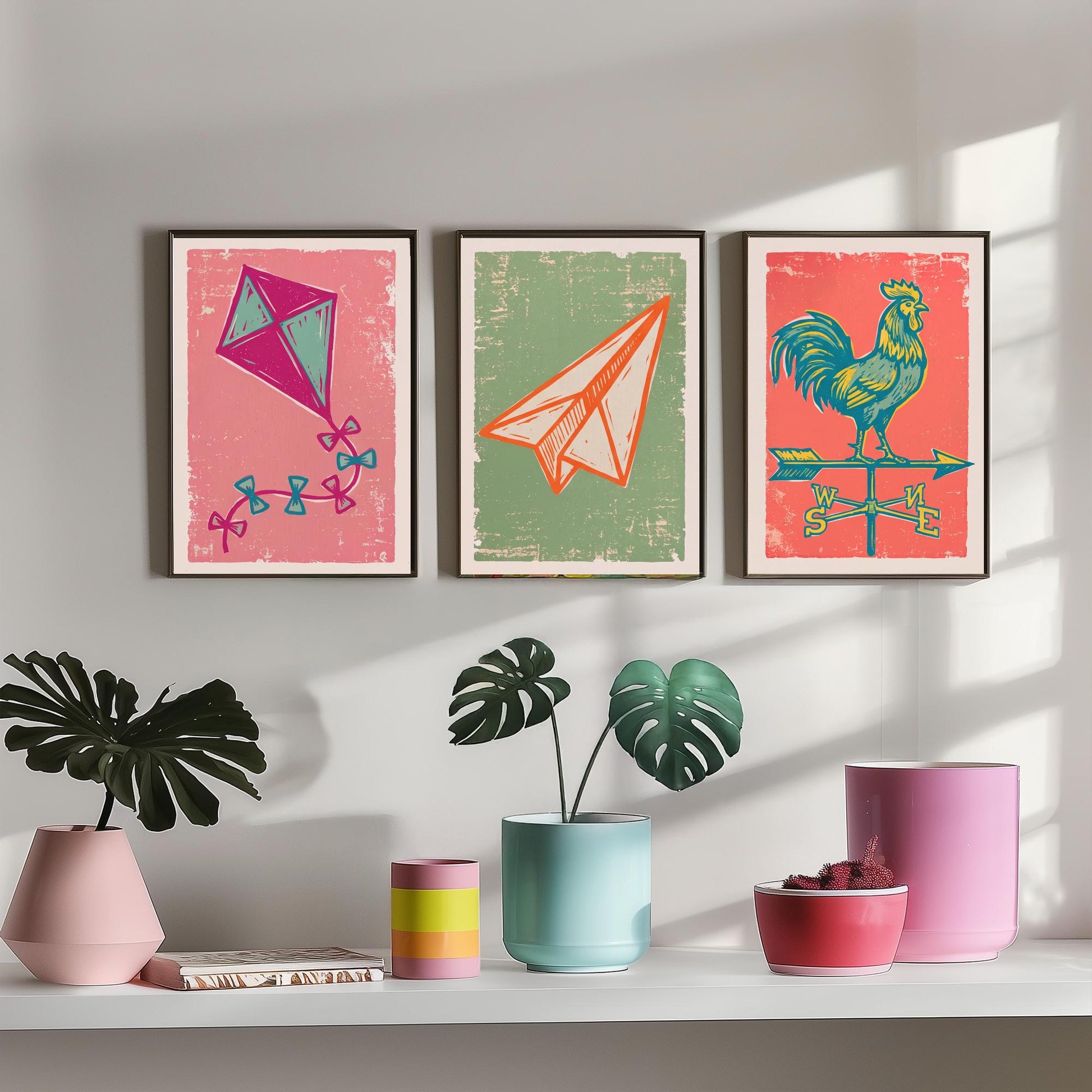 Kite, Paper Aeroplane and Weathervane - Set of Three Linocut Illustrations - Sky Art Prints - Up in the Air Posters V2