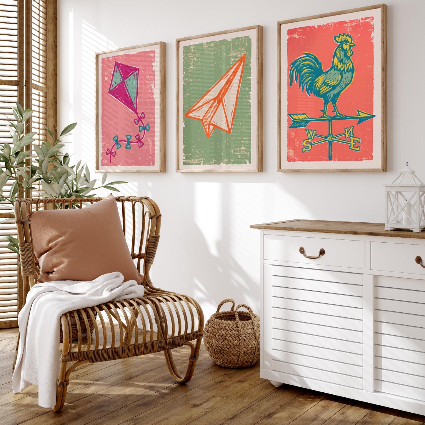 Kite, Paper Aeroplane and Weathervane - Set of Three Linocut Illustrations - Sky Art Prints - Up in the Air Posters V2