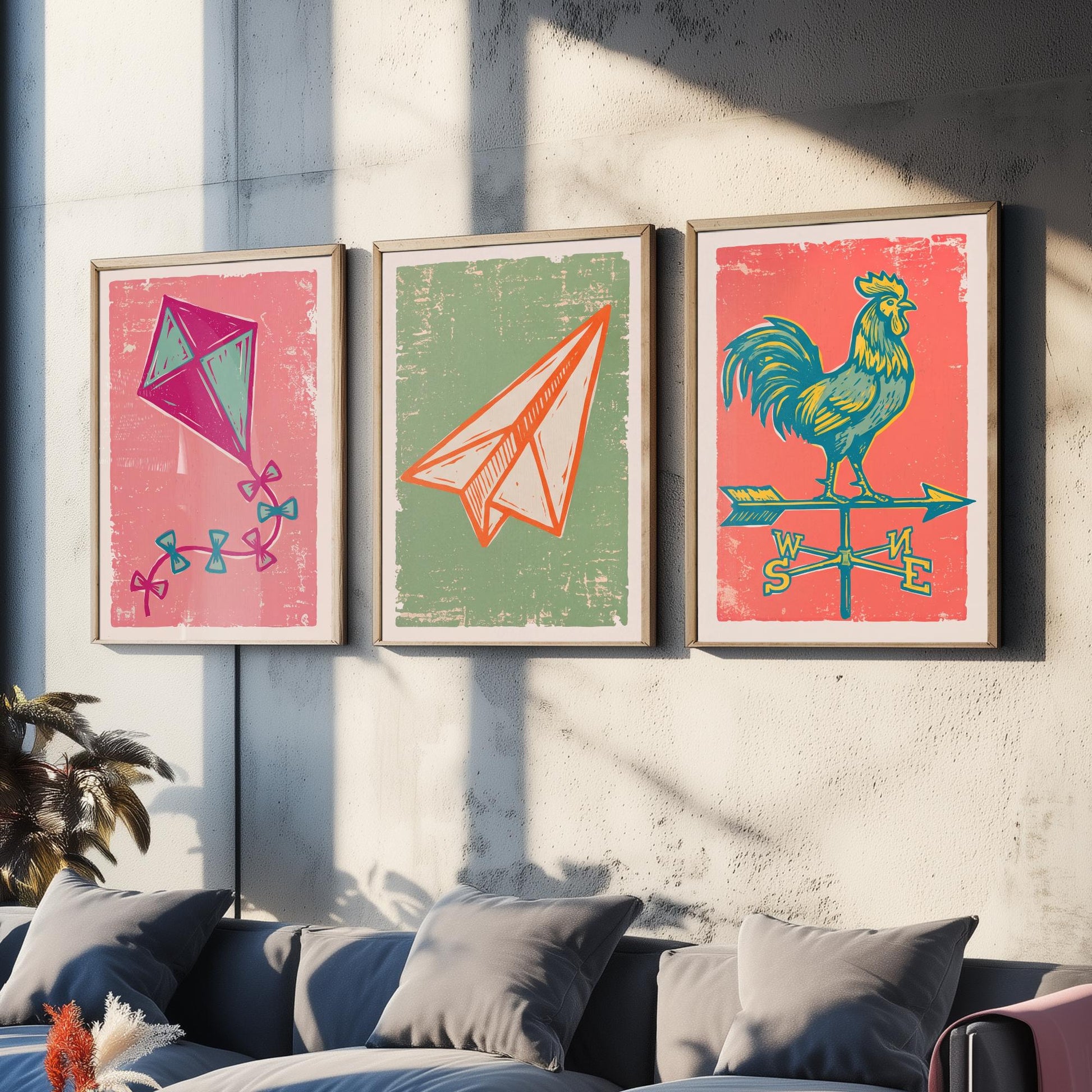 Kite, Paper Aeroplane and Weathervane - Set of Three Linocut Illustrations - Sky Art Prints - Up in the Air Posters V2