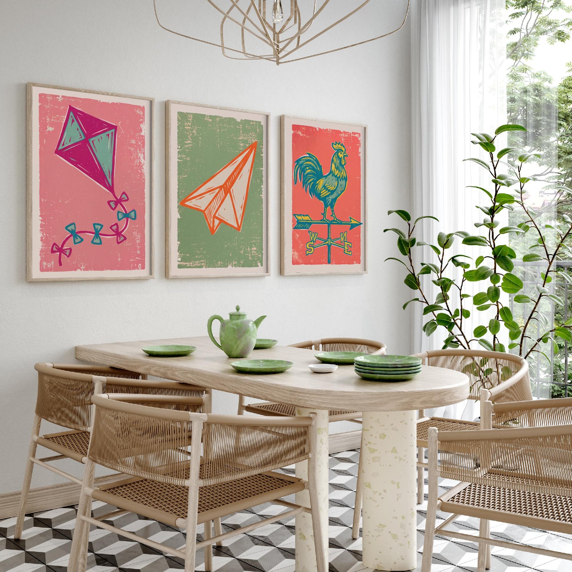 Kite, Paper Aeroplane and Weathervane - Set of Three Linocut Illustrations - Sky Art Prints - Up in the Air Posters V2