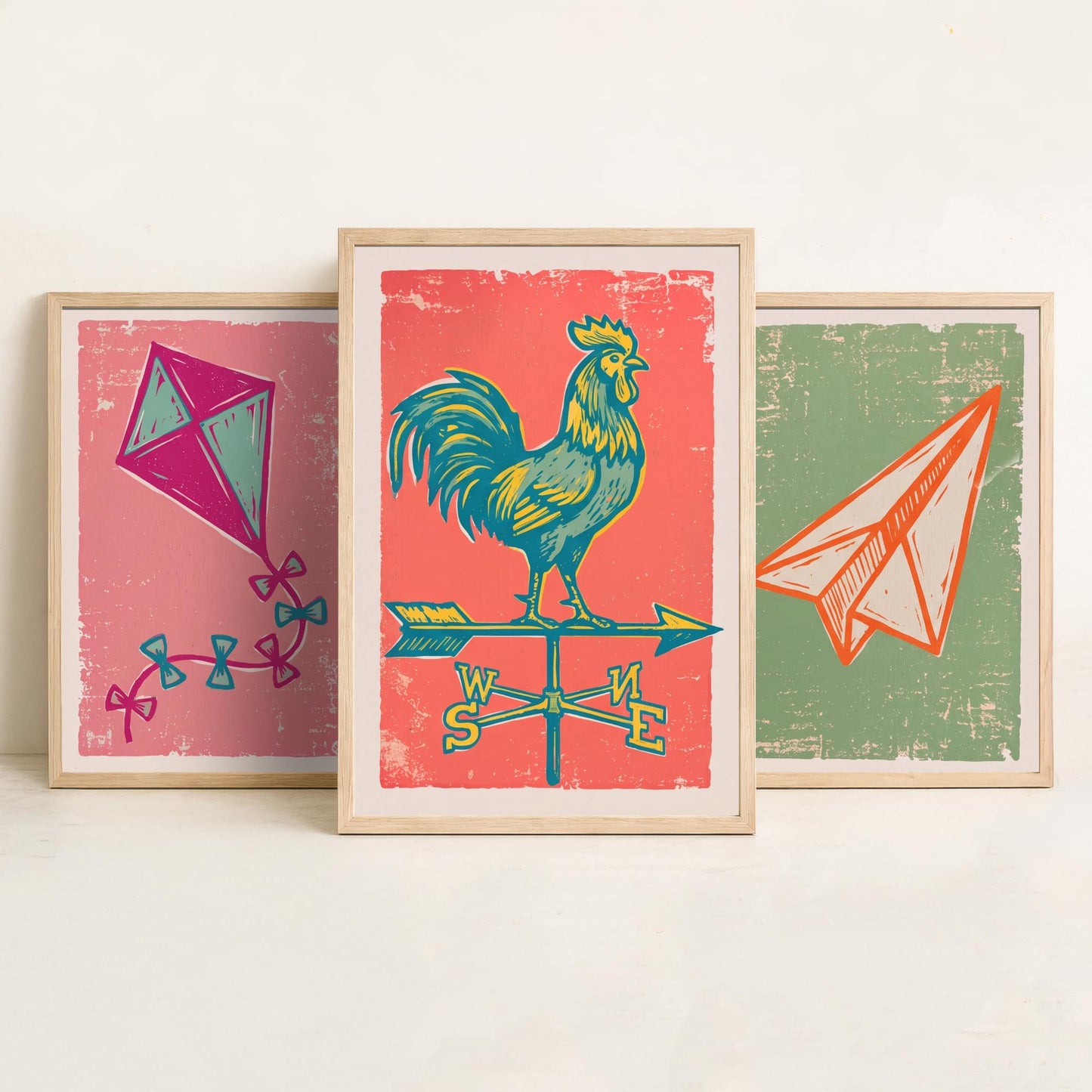 Kite, Paper Aeroplane and Weathervane - Set of Three Linocut Illustrations - Sky Art Prints - Up in the Air Posters V2