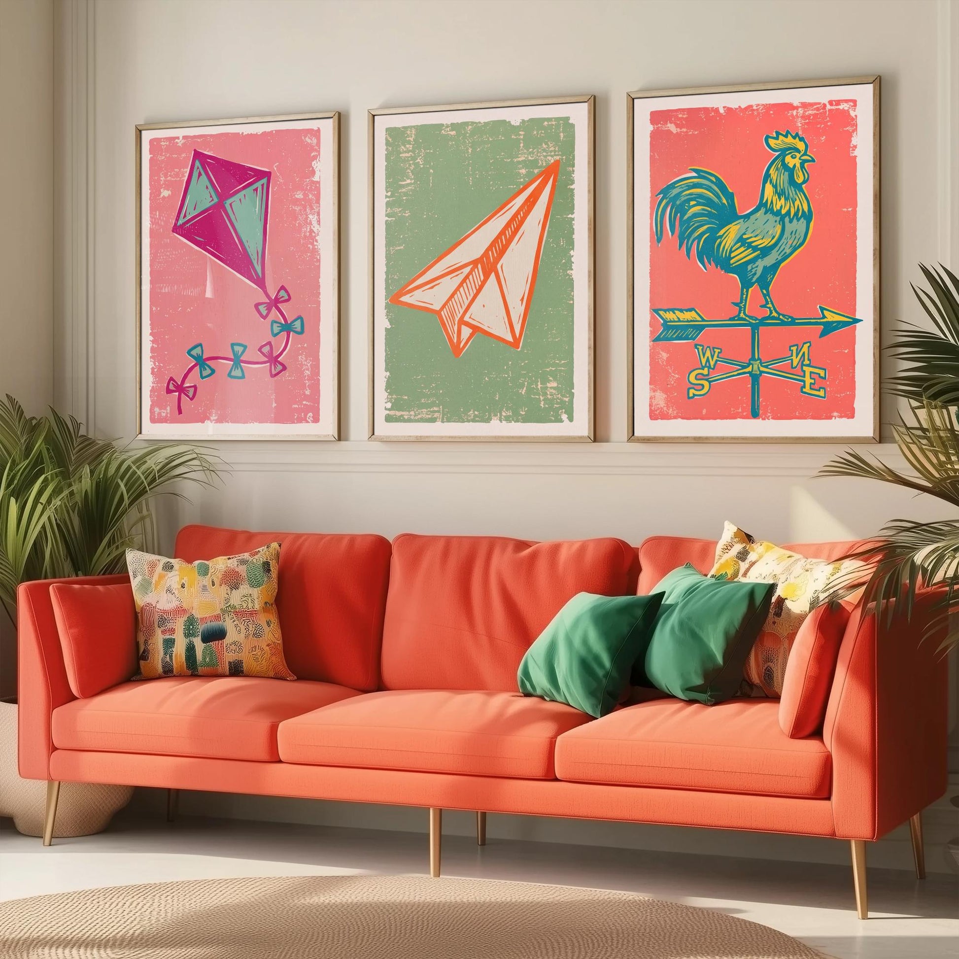 Kite, Paper Aeroplane and Weathervane - Set of Three Linocut Illustrations - Sky Art Prints - Up in the Air Posters V2